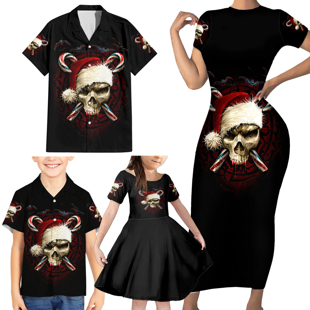 Skeleton Santa Claus Family Matching Short Sleeve Bodycon Dress and Hawaiian Shirt Santa Claus Is Coming To Town - Wonder Print Shop
