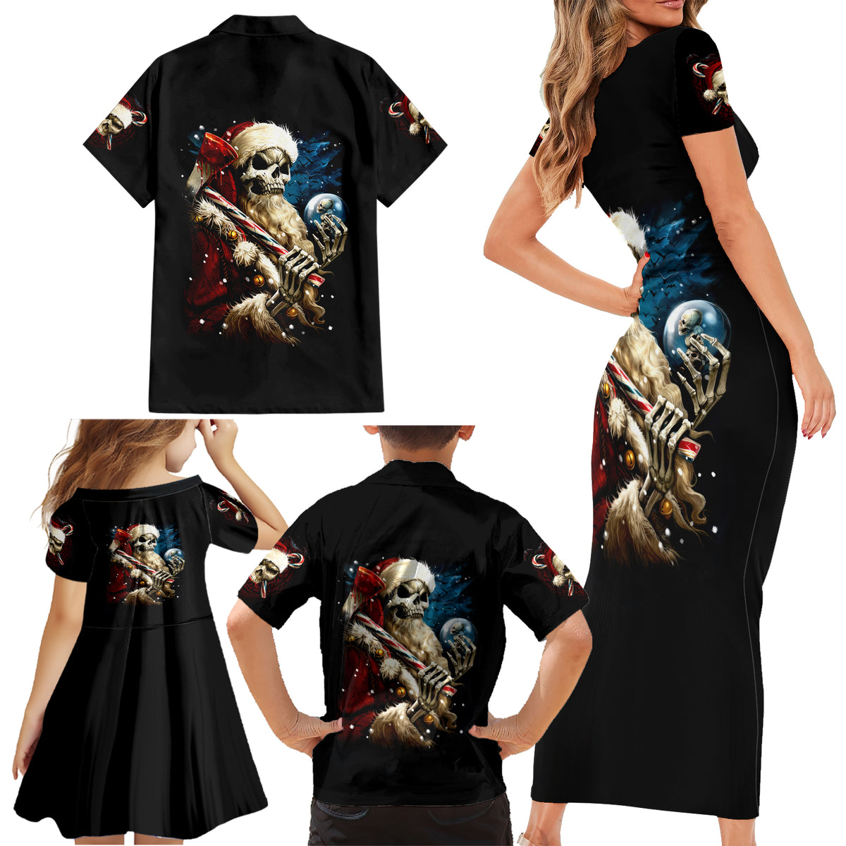 Skeleton Santa Claus Family Matching Short Sleeve Bodycon Dress and Hawaiian Shirt Santa Claus Is Coming To Town - Wonder Print Shop