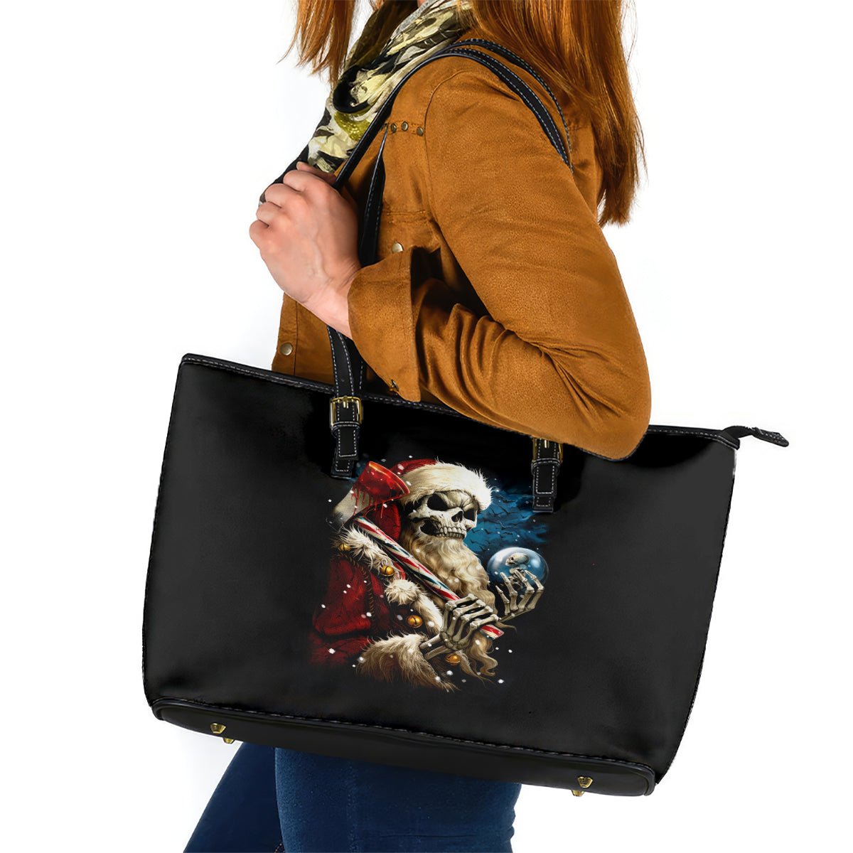 Skeleton Santa Claus Leather Tote Bag Santa Claus Is Coming To Town - Wonder Print Shop