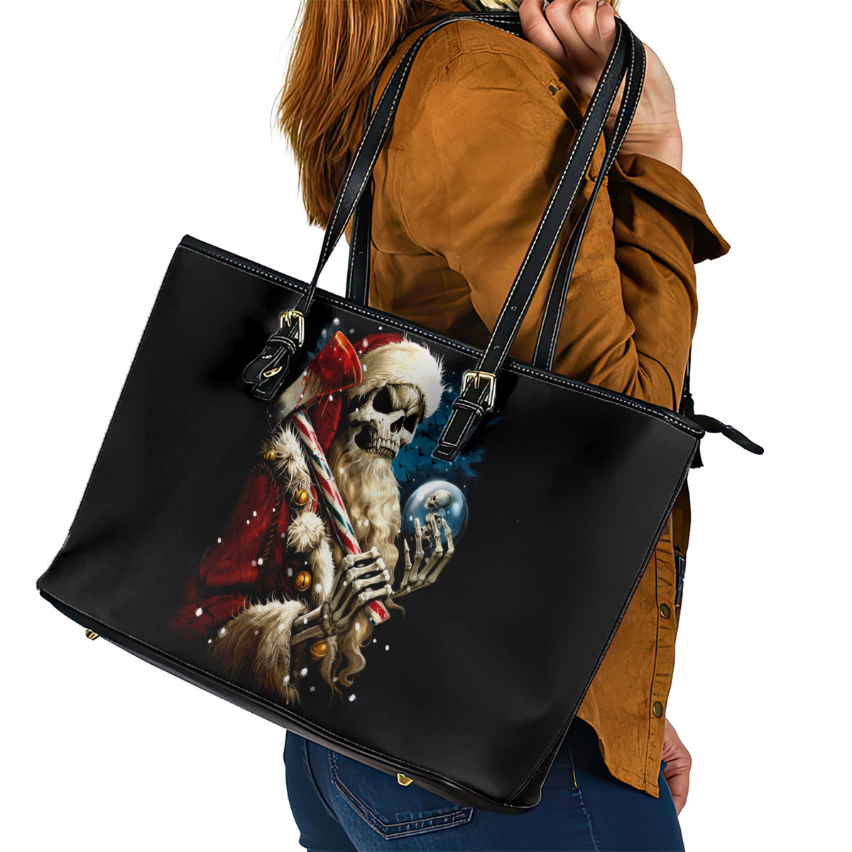 Skeleton Santa Claus Leather Tote Bag Santa Claus Is Coming To Town - Wonder Print Shop