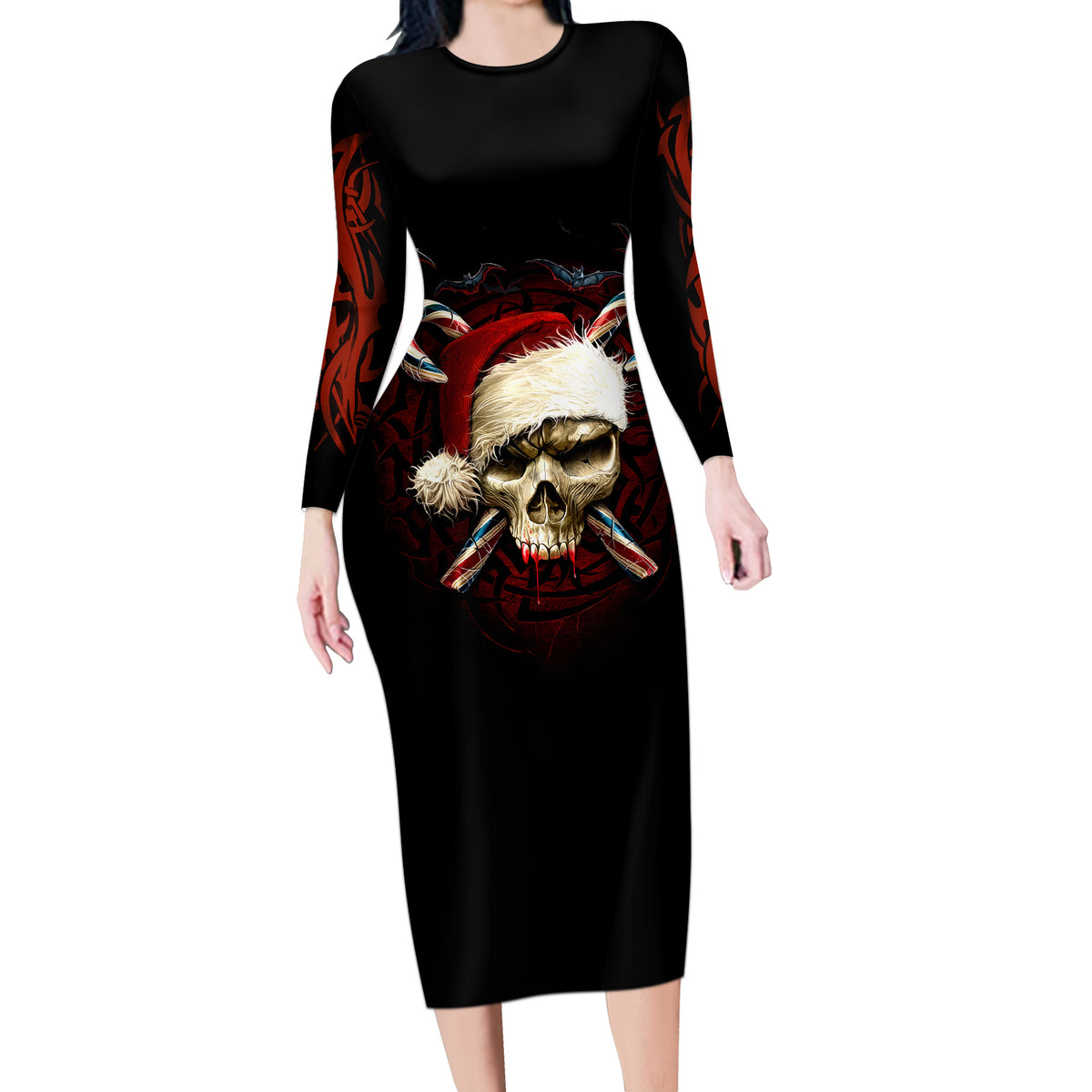 Skeleton Santa Claus Long Sleeve Bodycon Dress Santa Claus Is Coming To Town - Wonder Print Shop