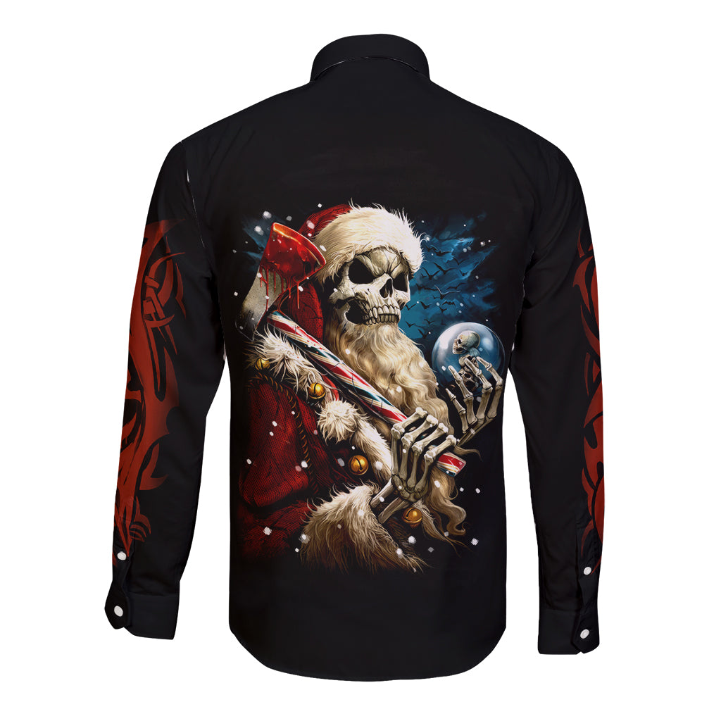 Skeleton Santa Claus Long Sleeve Button Shirt Santa Claus Is Coming To Town - Wonder Print Shop