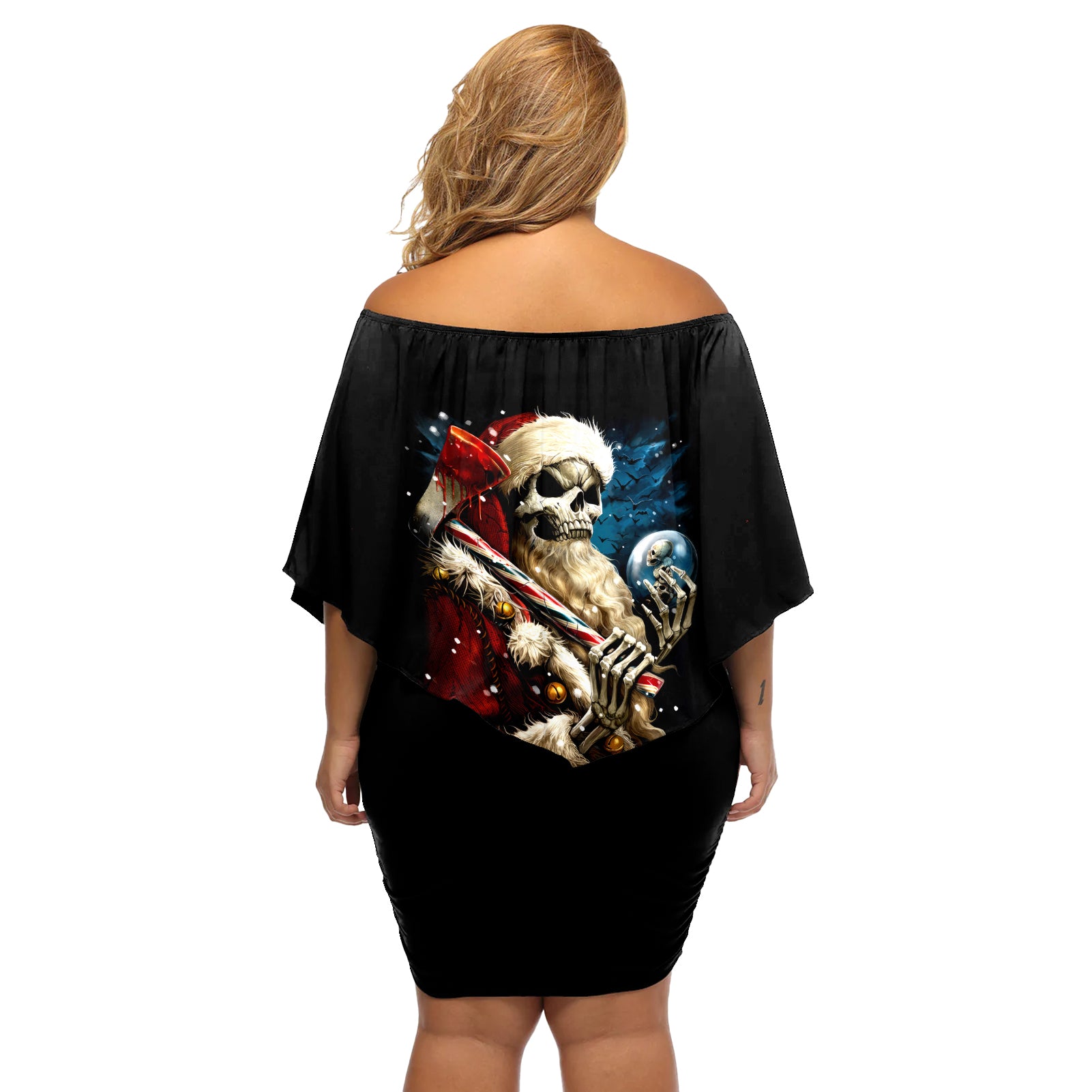 Skeleton Santa Claus Off Shoulder Short Dress Santa Claus Is Coming To Town - Wonder Print Shop