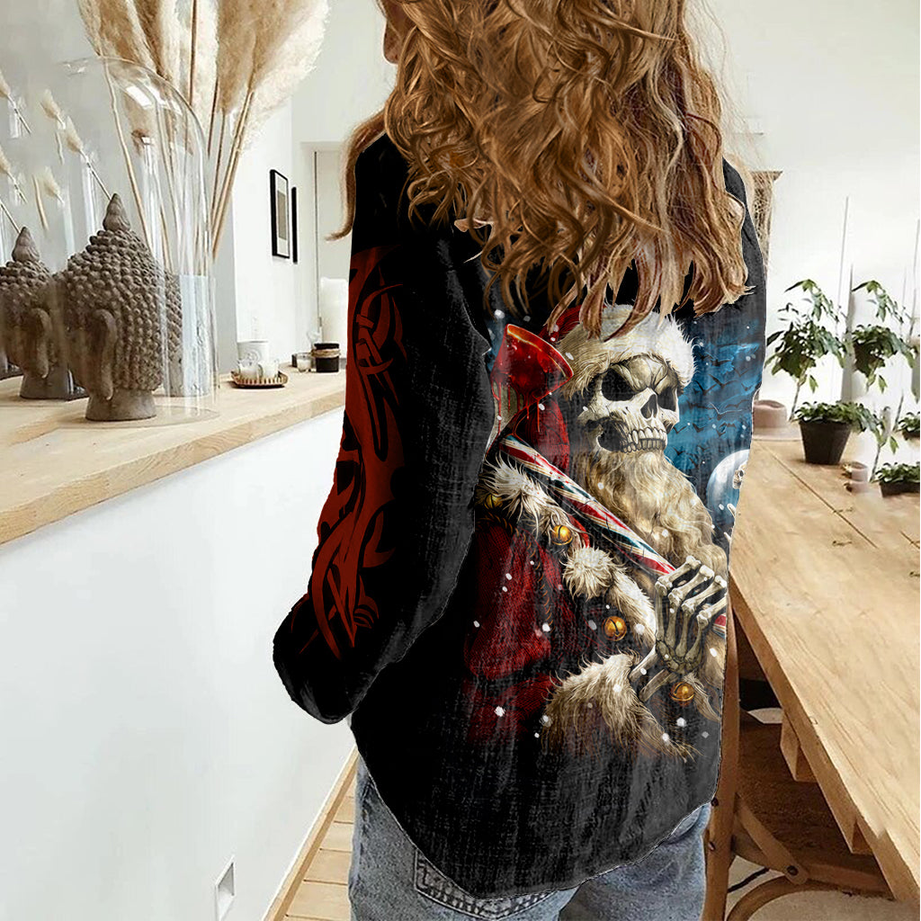 Skeleton Santa Claus Women Casual Shirt Santa Claus Is Coming To Town - Wonder Print Shop