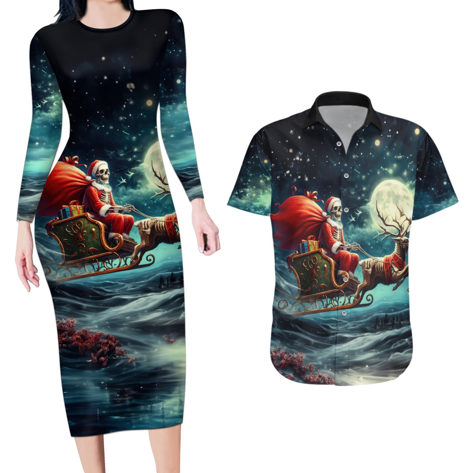 Skeleton Santa Claus Couples Matching Long Sleeve Bodycon Dress and Hawaiian Shirt Santa Claus Is Coming To Town - Wonder Print Shop