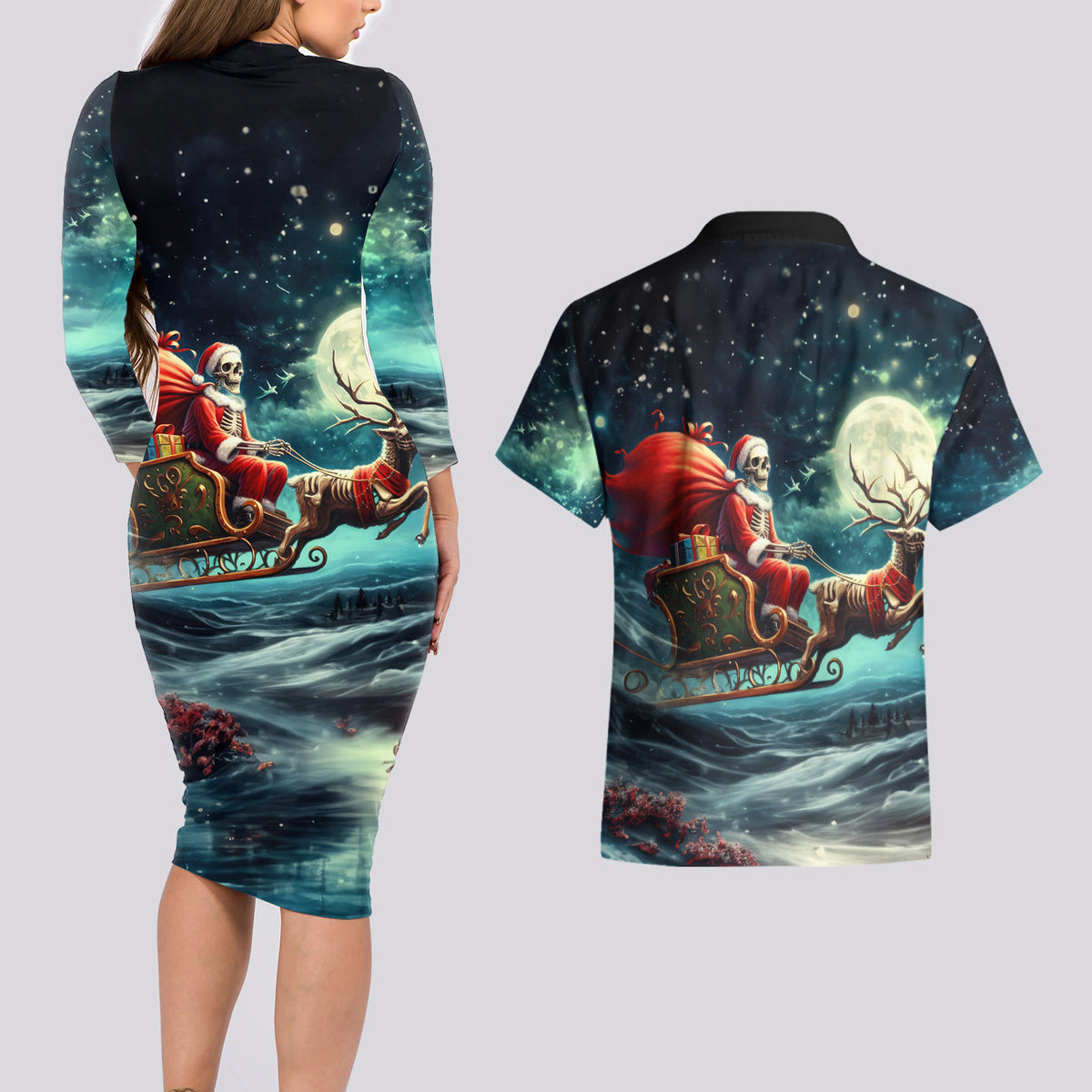 Skeleton Santa Claus Couples Matching Long Sleeve Bodycon Dress and Hawaiian Shirt Santa Claus Is Coming To Town - Wonder Print Shop