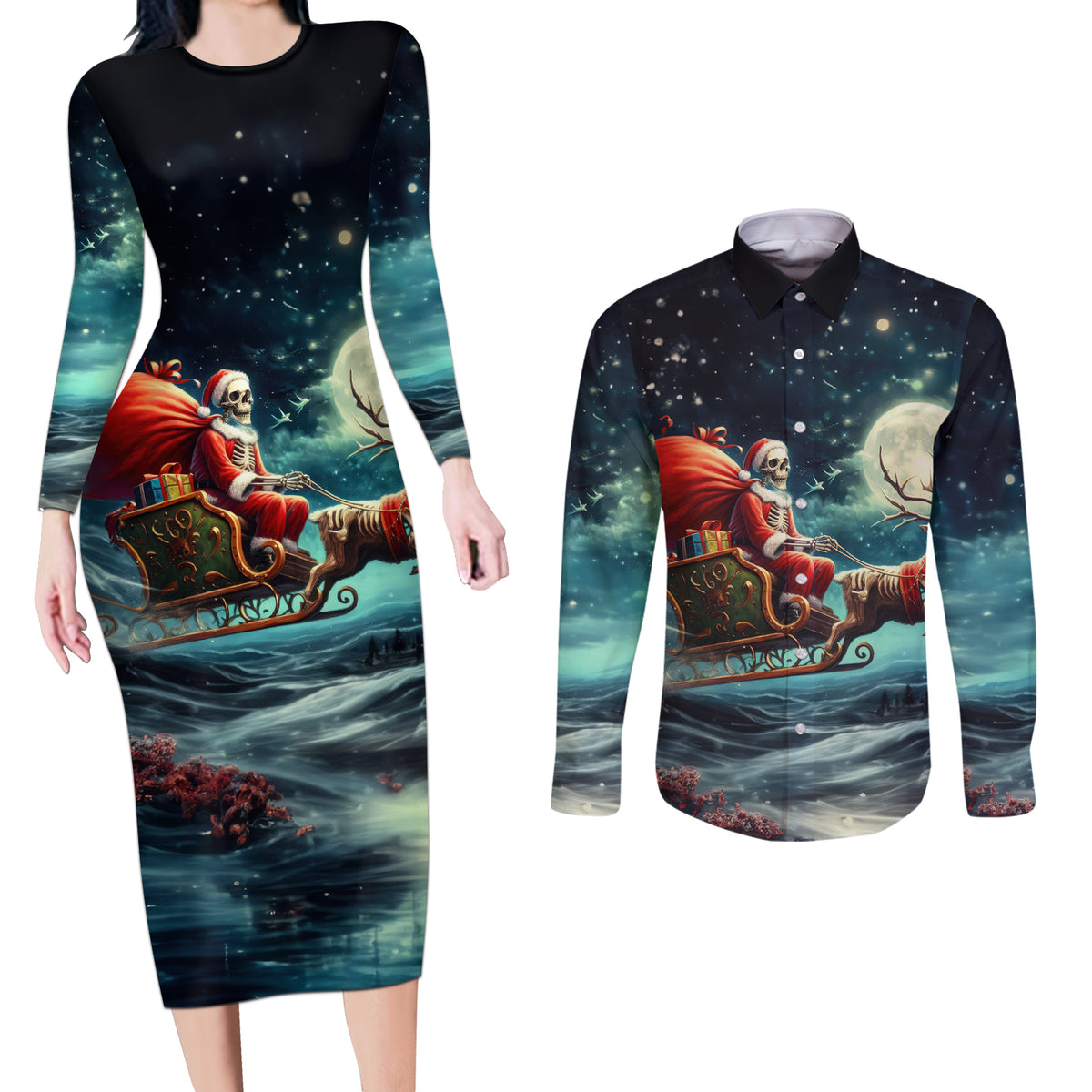 Skeleton Santa Claus Couples Matching Long Sleeve Bodycon Dress and Long Sleeve Button Shirt Santa Claus Is Coming To Town - Wonder Print Shop