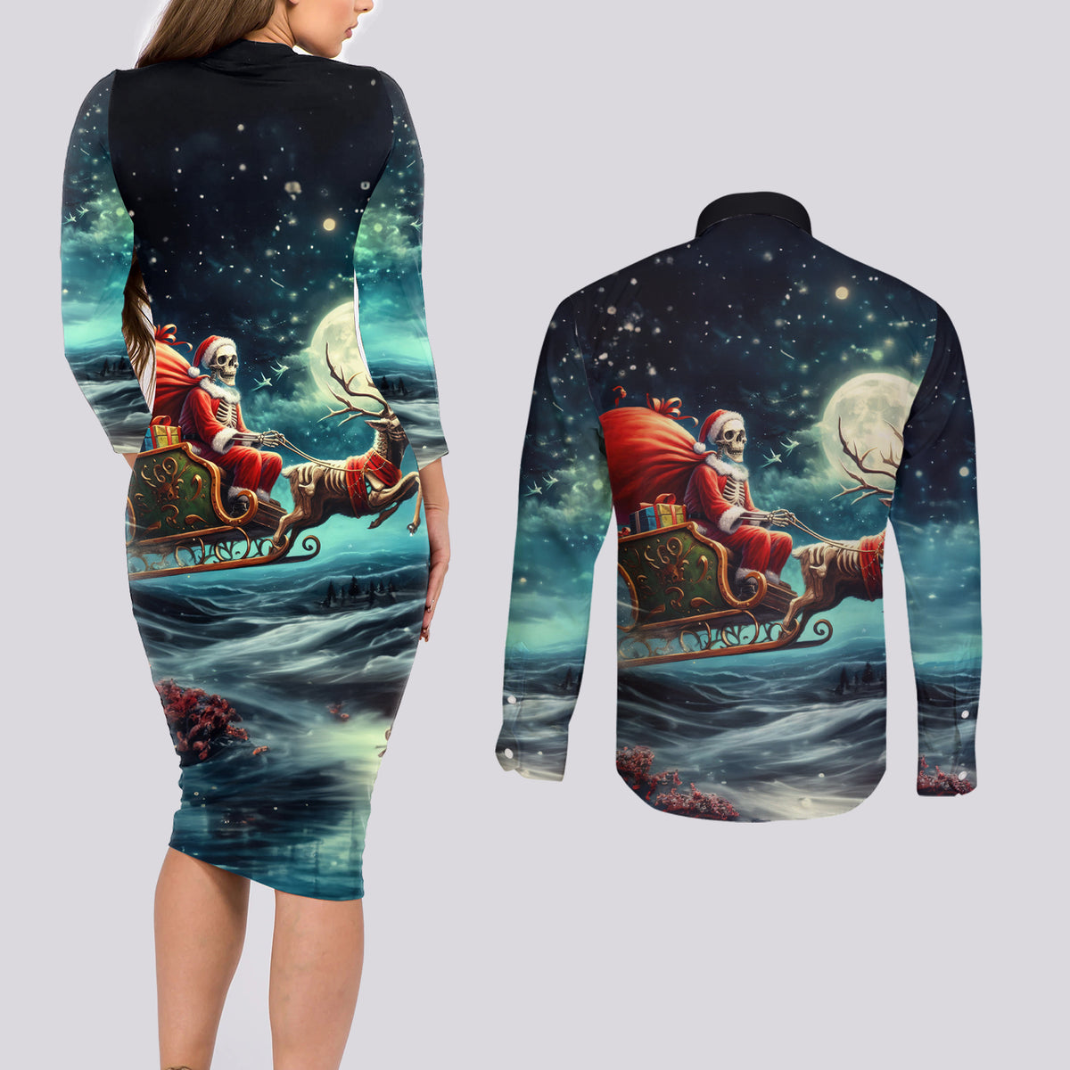 Skeleton Santa Claus Couples Matching Long Sleeve Bodycon Dress and Long Sleeve Button Shirt Santa Claus Is Coming To Town - Wonder Print Shop