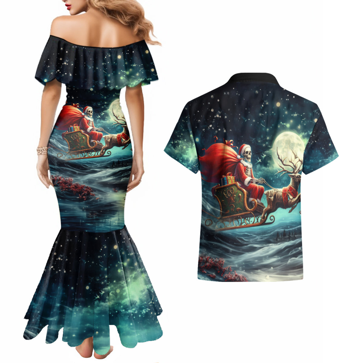 Skeleton Santa Claus Couples Matching Mermaid Dress and Hawaiian Shirt Santa Claus Is Coming To Town - Wonder Print Shop