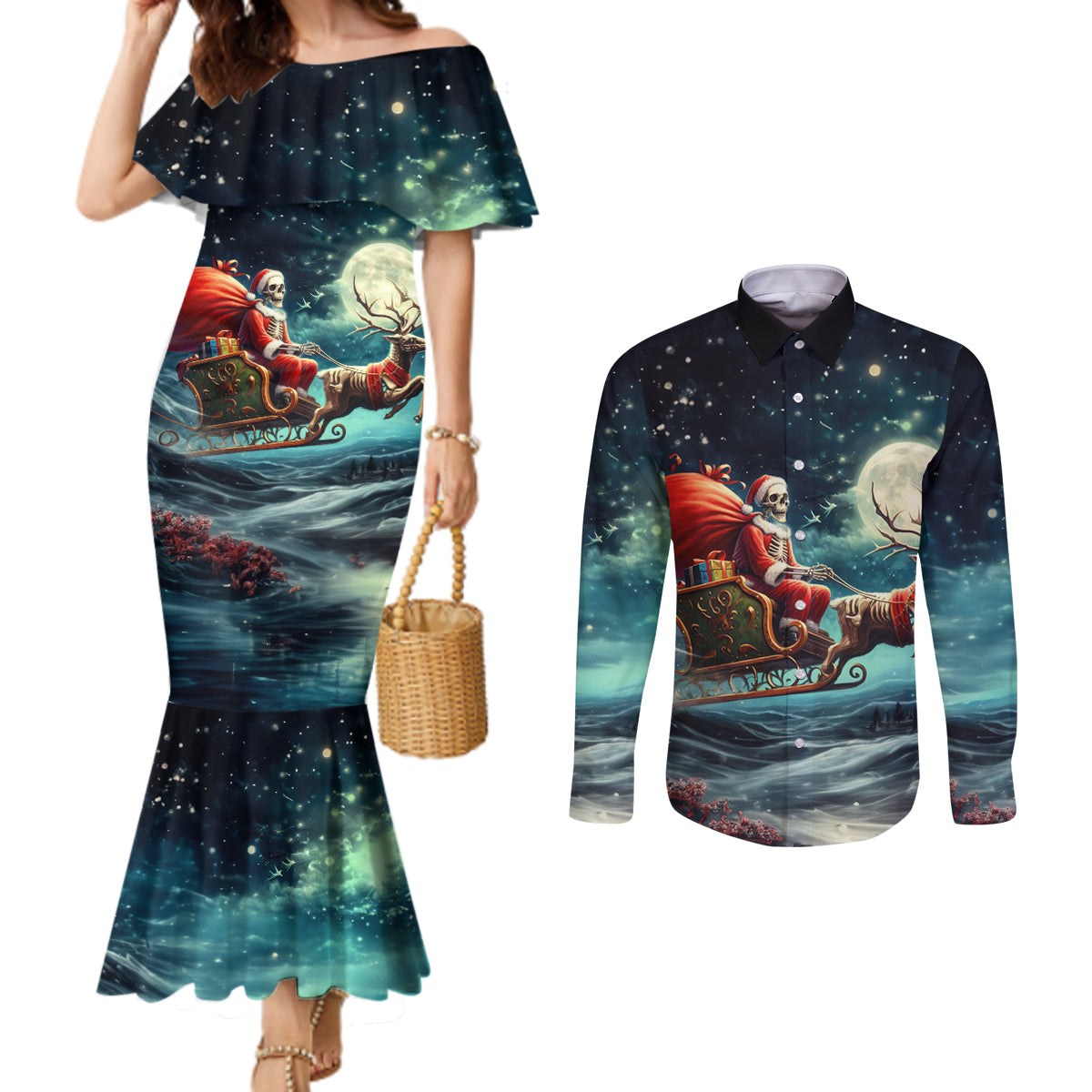 skeleton-santa-claus-couples-matching-mermaid-dress-and-long-sleeve-button-shirt-santa-claus-is-coming-to-town