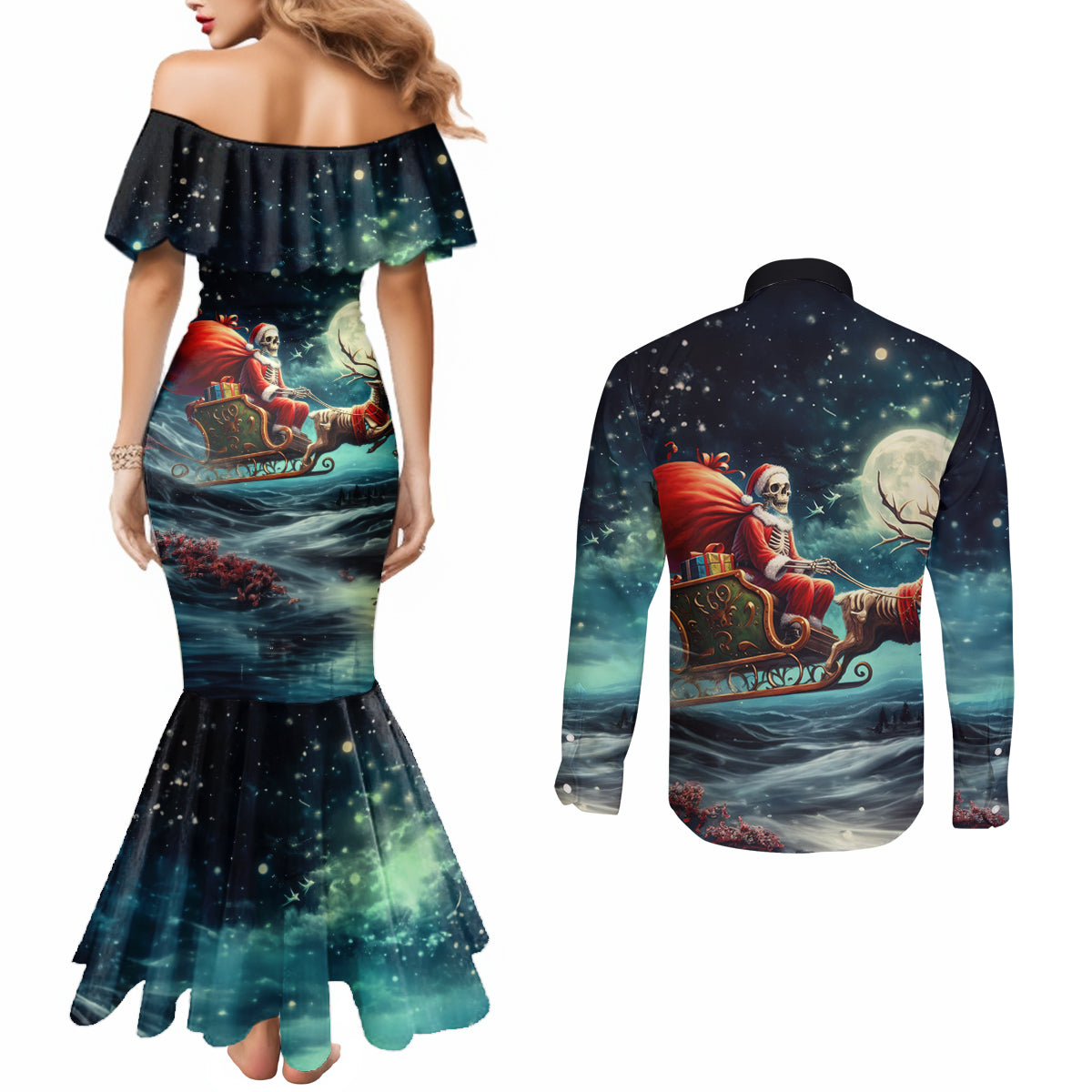 skeleton-santa-claus-couples-matching-mermaid-dress-and-long-sleeve-button-shirt-santa-claus-is-coming-to-town