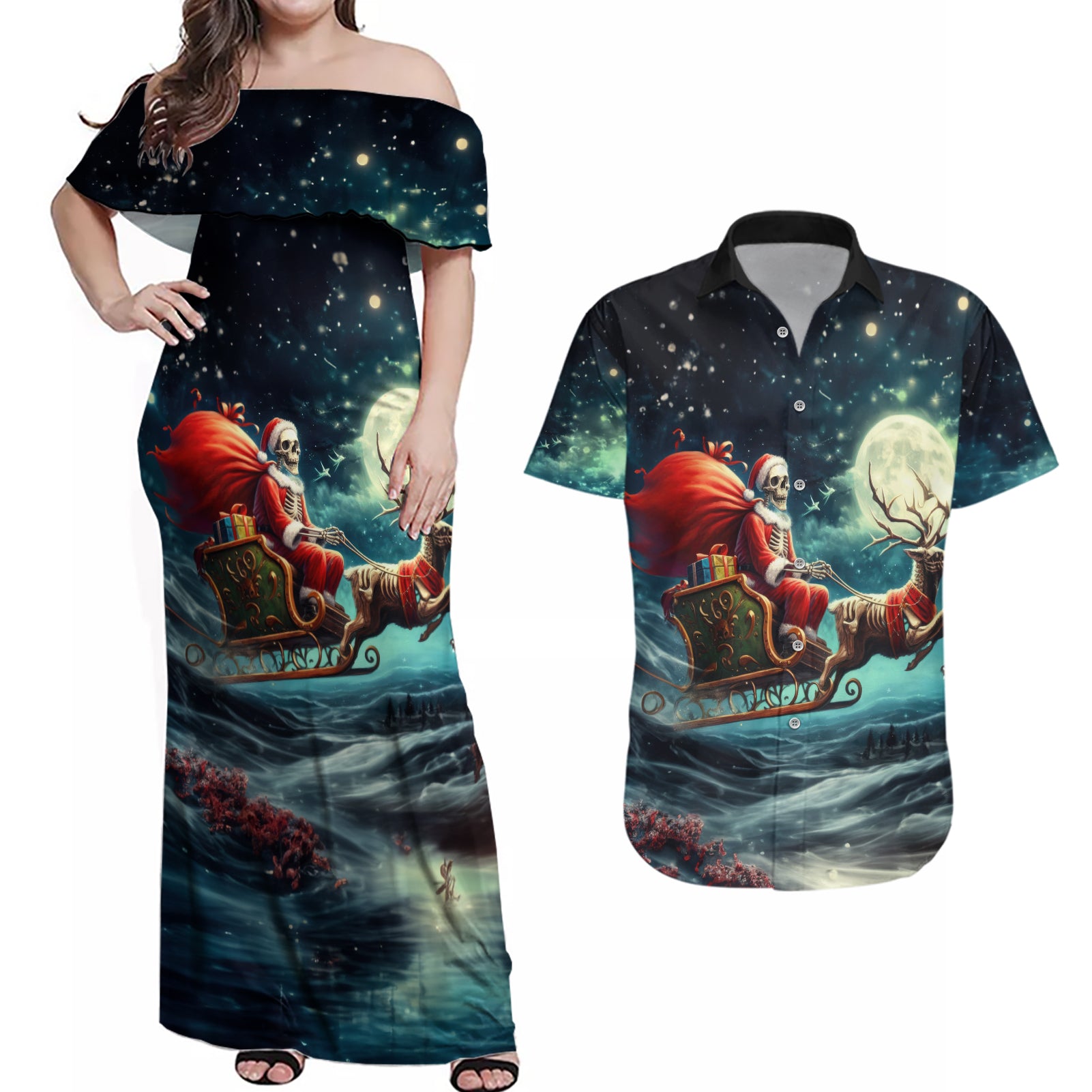 Skeleton Santa Claus Couples Matching Off Shoulder Maxi Dress and Hawaiian Shirt Santa Claus Is Coming To Town - Wonder Print Shop