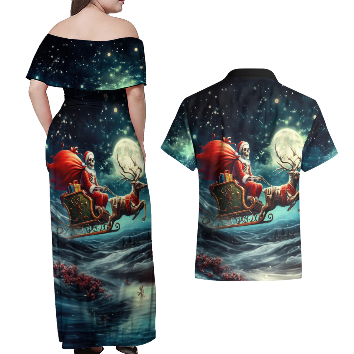 Skeleton Santa Claus Couples Matching Off Shoulder Maxi Dress and Hawaiian Shirt Santa Claus Is Coming To Town - Wonder Print Shop