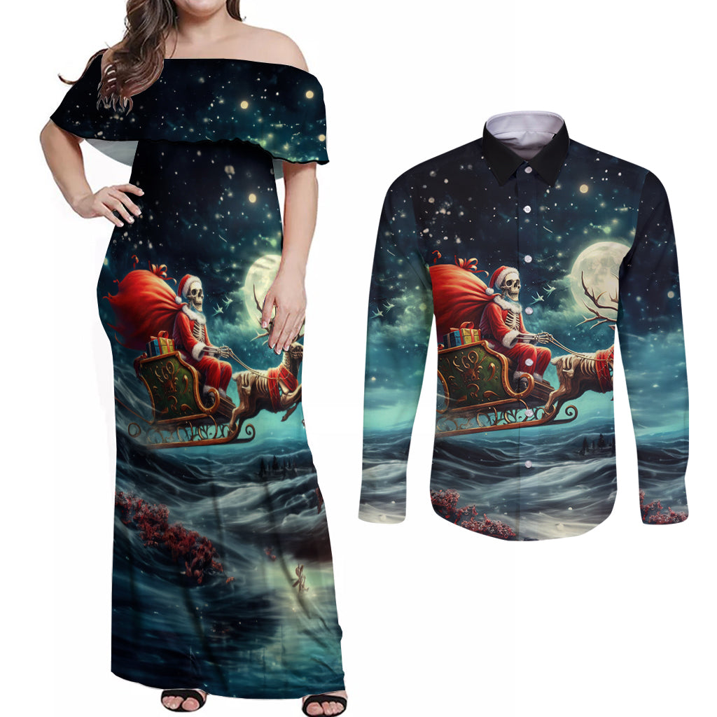 Skeleton Santa Claus Couples Matching Off Shoulder Maxi Dress and Long Sleeve Button Shirt Santa Claus Is Coming To Town - Wonder Print Shop