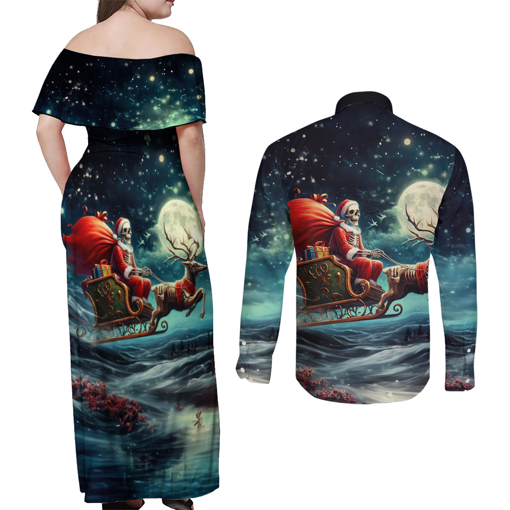 Skeleton Santa Claus Couples Matching Off Shoulder Maxi Dress and Long Sleeve Button Shirt Santa Claus Is Coming To Town - Wonder Print Shop