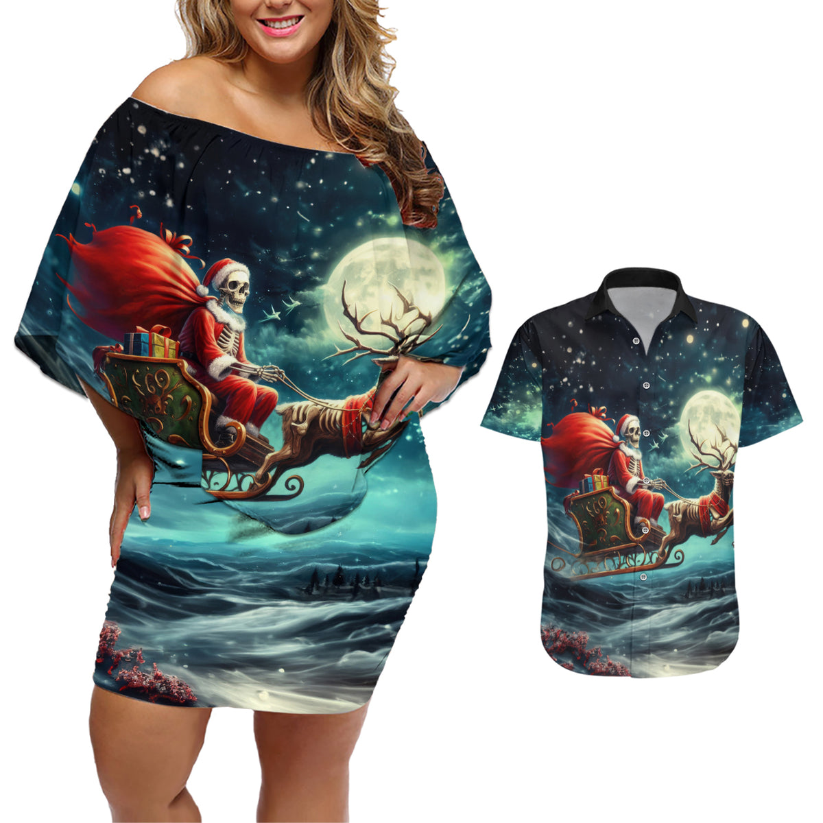 Skeleton Santa Claus Couples Matching Off Shoulder Short Dress and Hawaiian Shirt Santa Claus Is Coming To Town - Wonder Print Shop