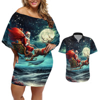 Skeleton Santa Claus Couples Matching Off Shoulder Short Dress and Hawaiian Shirt Santa Claus Is Coming To Town - Wonder Print Shop