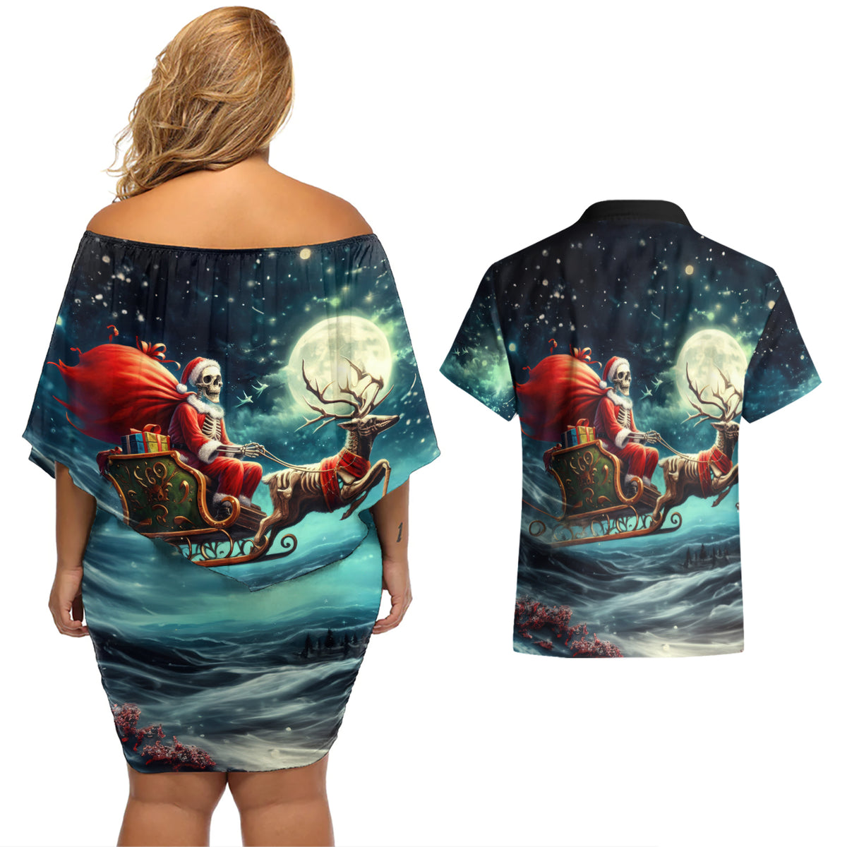 Skeleton Santa Claus Couples Matching Off Shoulder Short Dress and Hawaiian Shirt Santa Claus Is Coming To Town - Wonder Print Shop