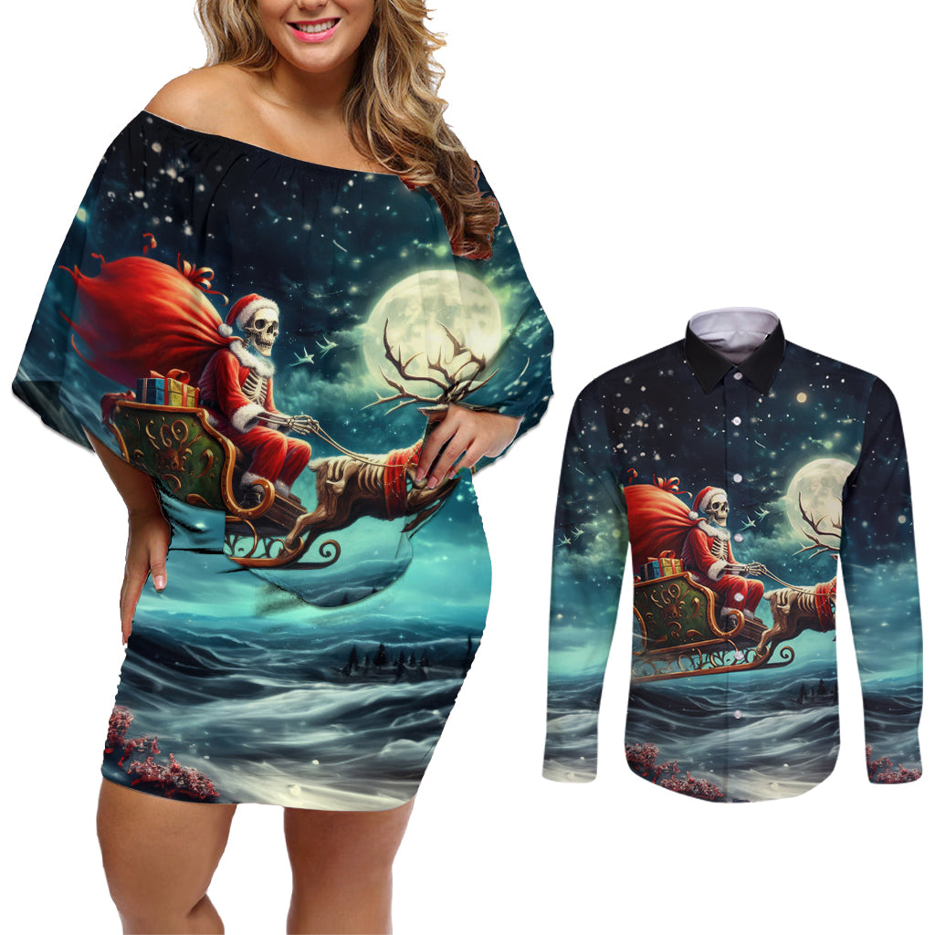 Skeleton Santa Claus Couples Matching Off Shoulder Short Dress and Long Sleeve Button Shirt Santa Claus Is Coming To Town - Wonder Print Shop