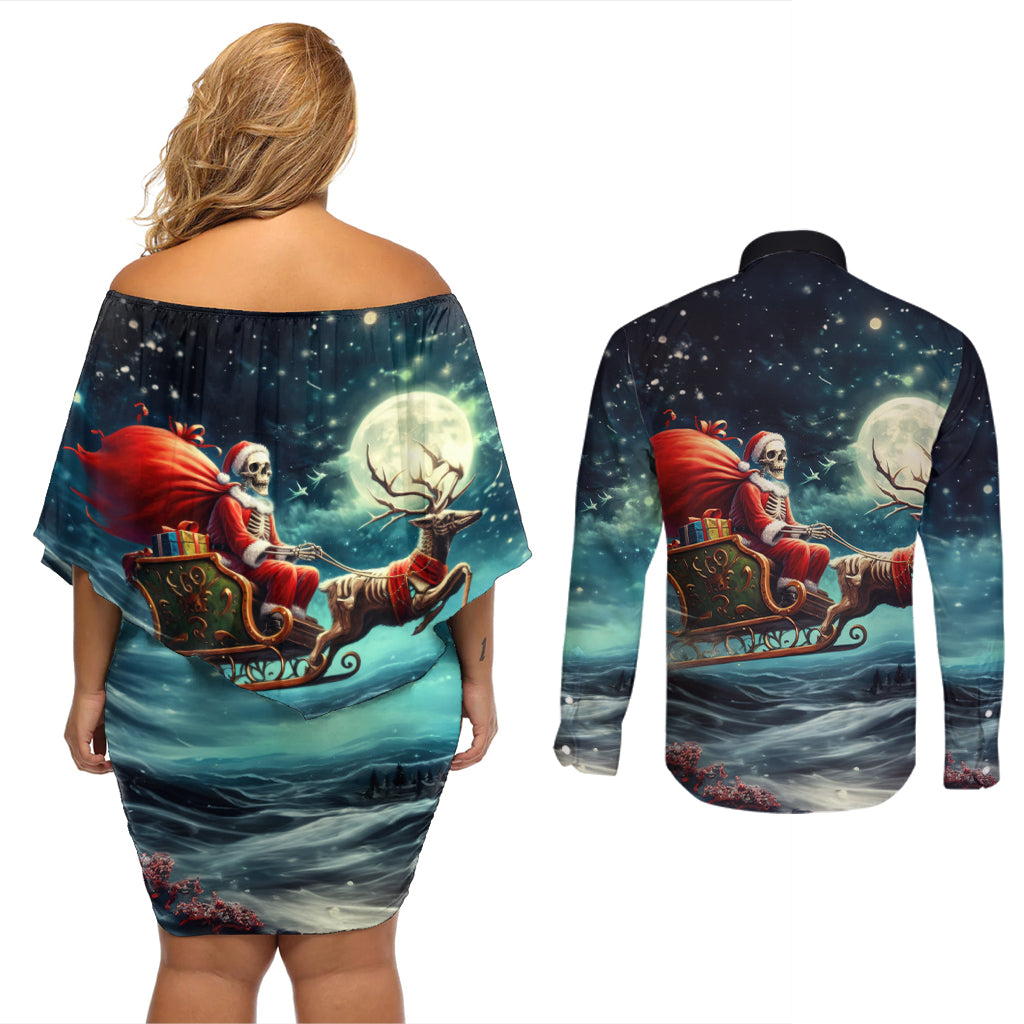 Skeleton Santa Claus Couples Matching Off Shoulder Short Dress and Long Sleeve Button Shirt Santa Claus Is Coming To Town - Wonder Print Shop