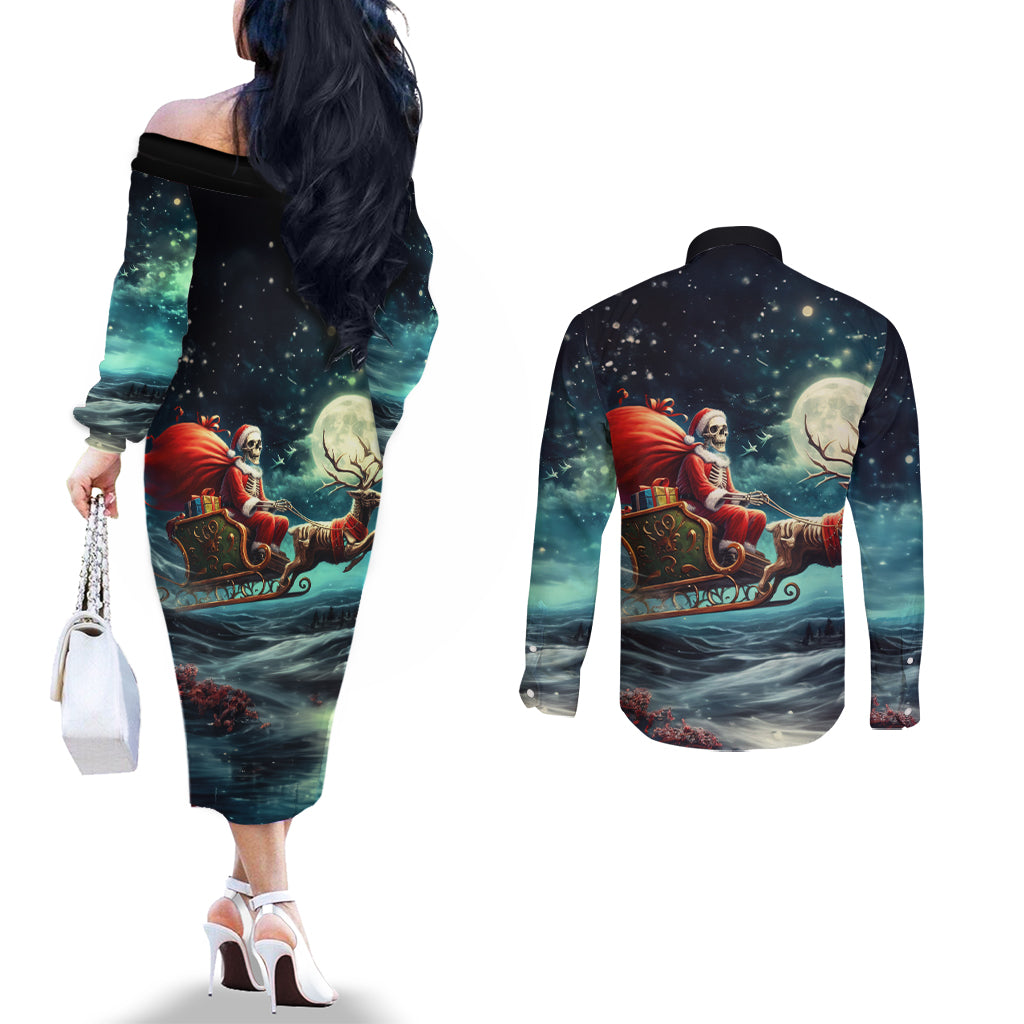 skeleton-santa-claus-couples-matching-off-the-shoulder-long-sleeve-dress-and-long-sleeve-button-shirt-santa-claus-is-coming-to-town