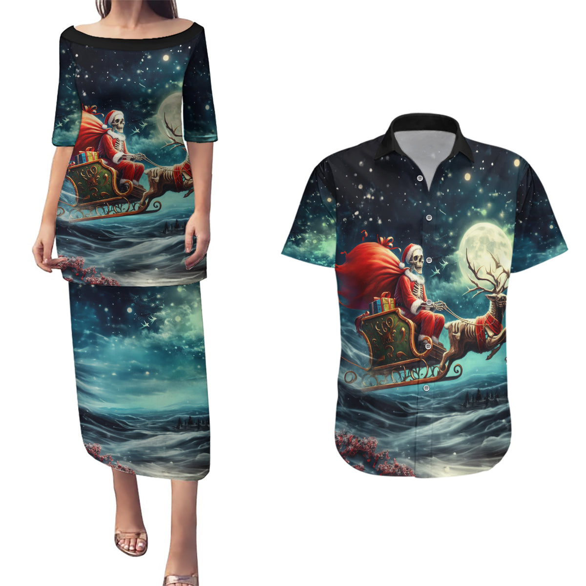 Skeleton Santa Claus Couples Matching Puletasi Dress and Hawaiian Shirt Santa Claus Is Coming To Town - Wonder Print Shop