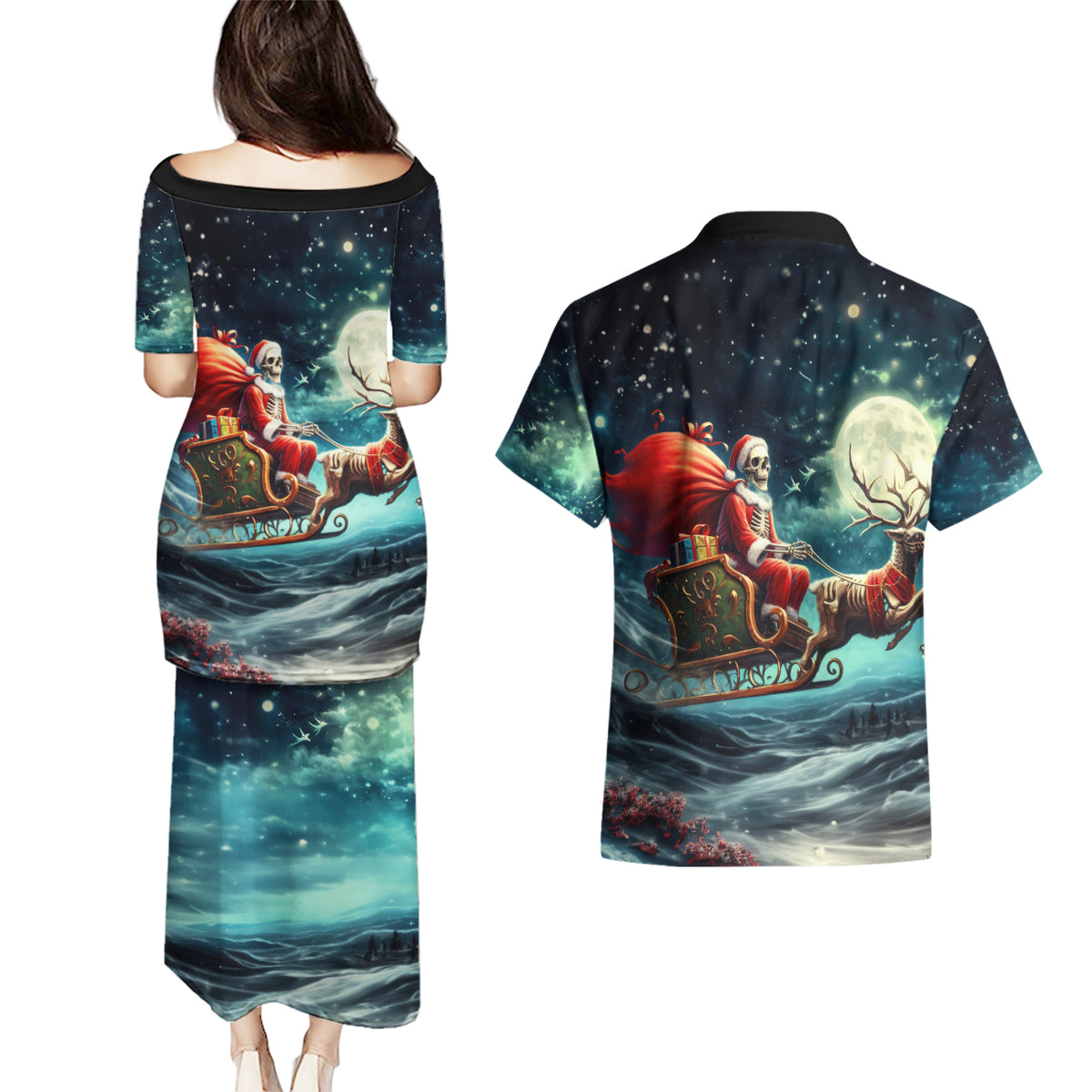 Skeleton Santa Claus Couples Matching Puletasi Dress and Hawaiian Shirt Santa Claus Is Coming To Town - Wonder Print Shop