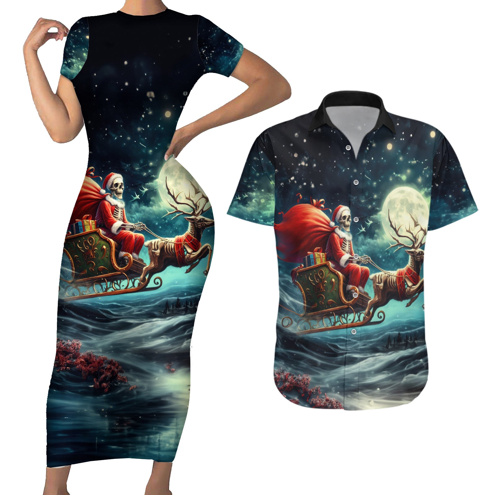 Skeleton Santa Claus Couples Matching Short Sleeve Bodycon Dress and Hawaiian Shirt Santa Claus Is Coming To Town - Wonder Print Shop