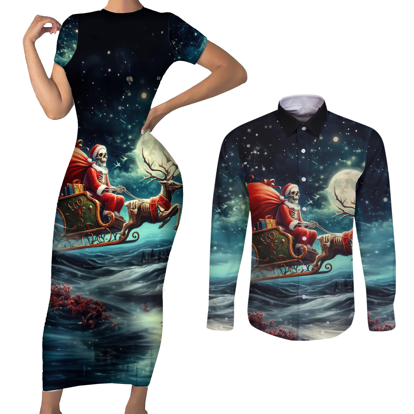 Skeleton Santa Claus Couples Matching Short Sleeve Bodycon Dress and Long Sleeve Button Shirt Santa Claus Is Coming To Town - Wonder Print Shop