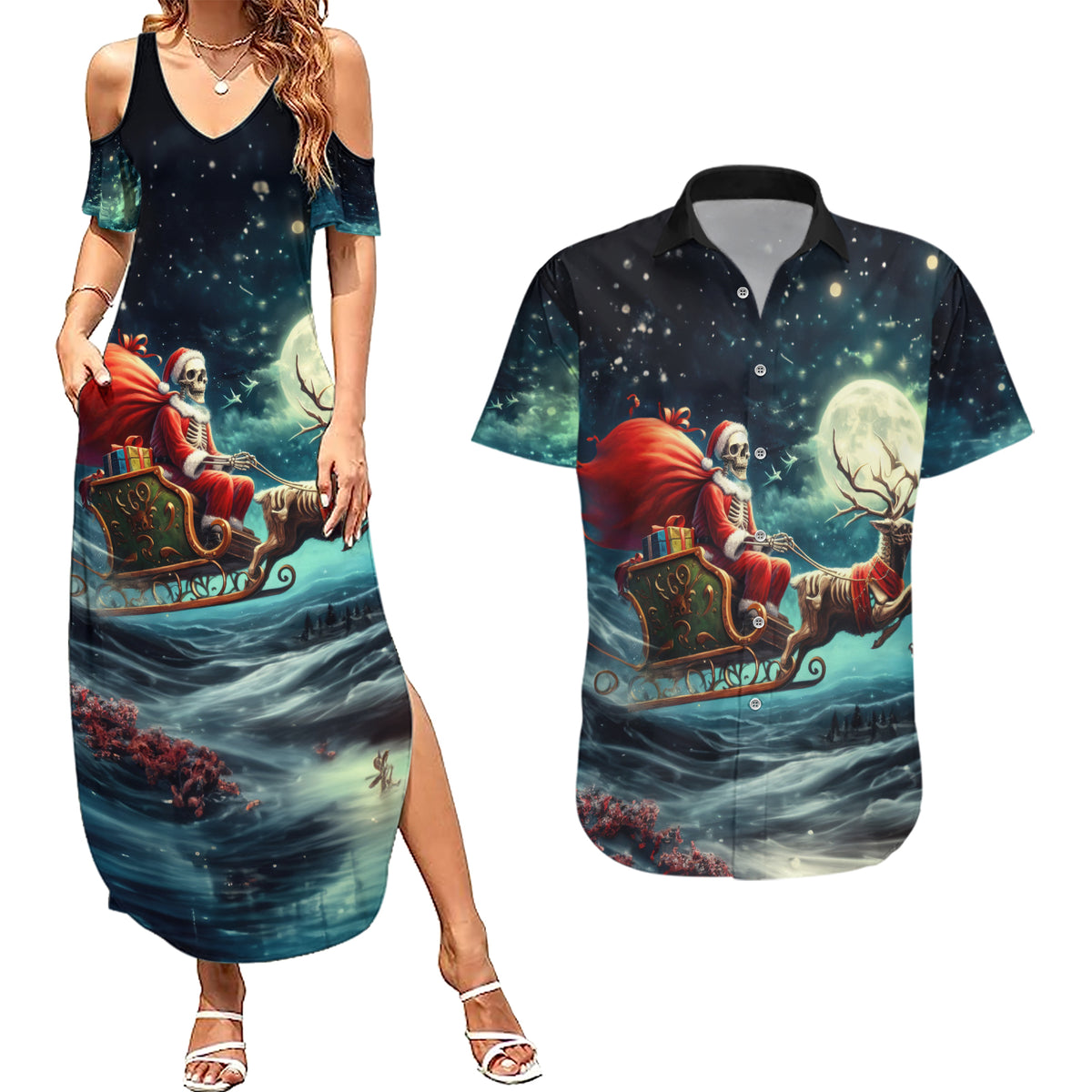 Skeleton Santa Claus Couples Matching Summer Maxi Dress and Hawaiian Shirt Santa Claus Is Coming To Town - Wonder Print Shop