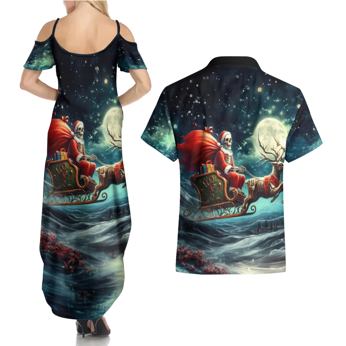 Skeleton Santa Claus Couples Matching Summer Maxi Dress and Hawaiian Shirt Santa Claus Is Coming To Town - Wonder Print Shop