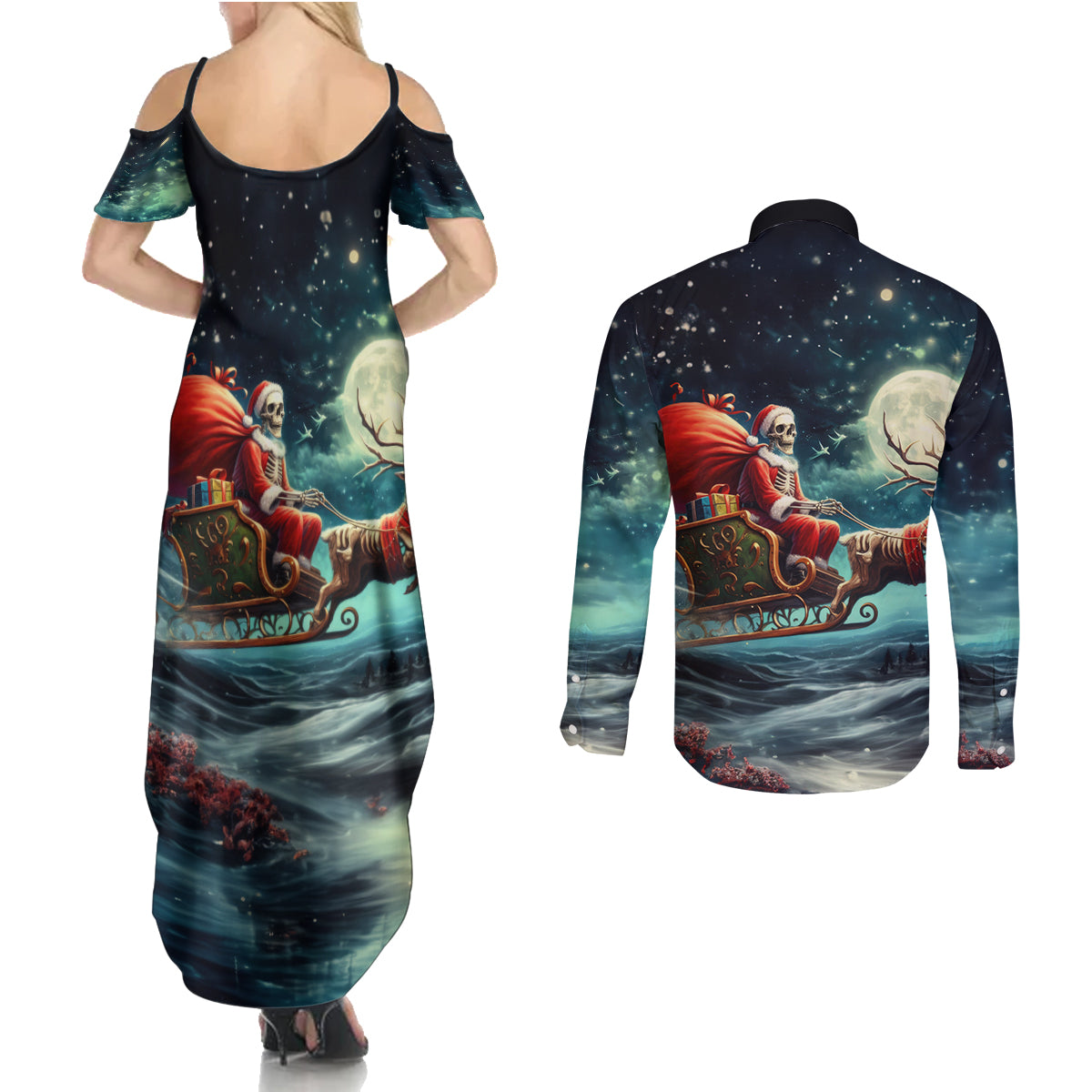Skeleton Santa Claus Couples Matching Summer Maxi Dress and Long Sleeve Button Shirt Santa Claus Is Coming To Town - Wonder Print Shop