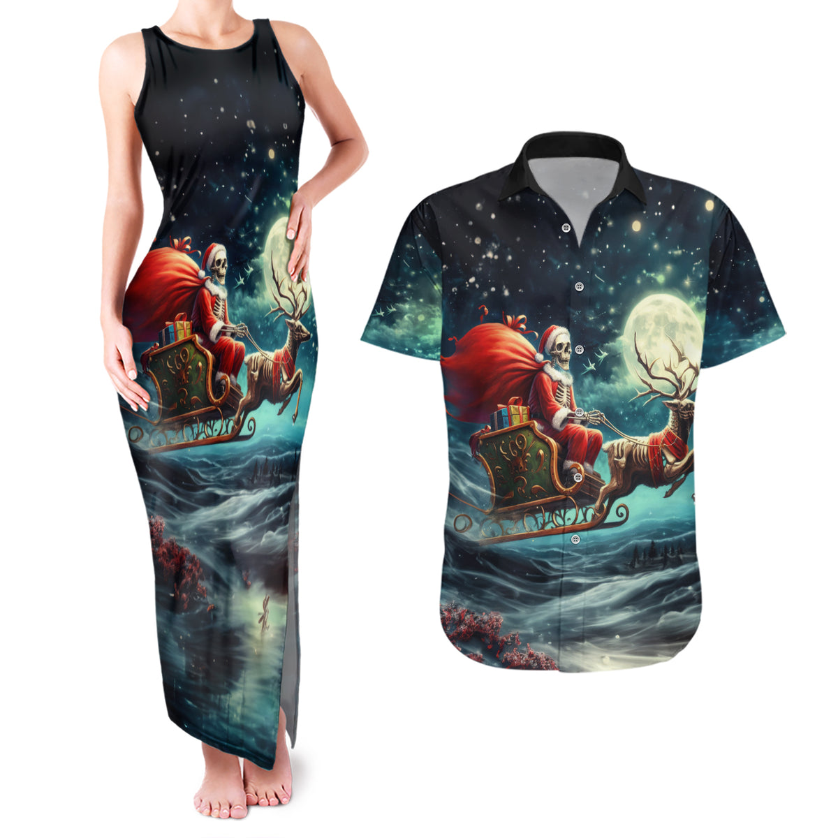 Skeleton Santa Claus Couples Matching Tank Maxi Dress and Hawaiian Shirt Santa Claus Is Coming To Town - Wonder Print Shop