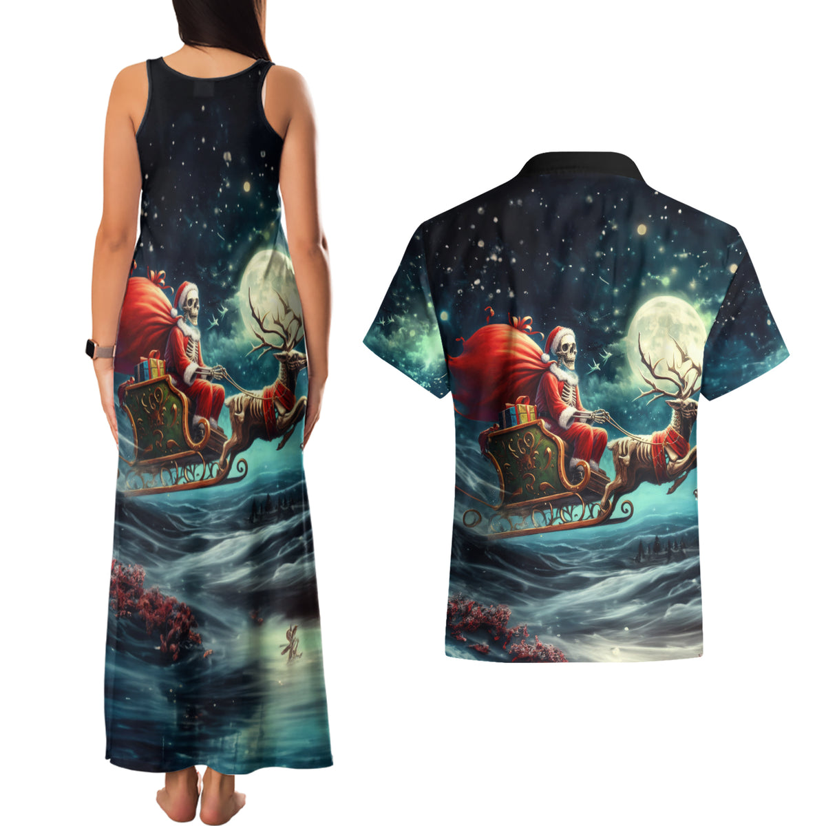 Skeleton Santa Claus Couples Matching Tank Maxi Dress and Hawaiian Shirt Santa Claus Is Coming To Town - Wonder Print Shop