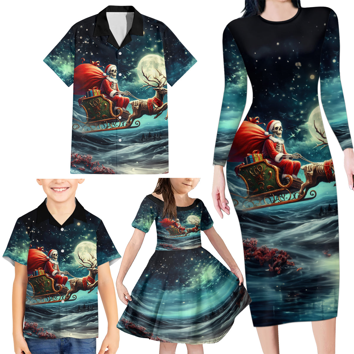 Skeleton Santa Claus Family Matching Long Sleeve Bodycon Dress and Hawaiian Shirt Santa Claus Is Coming To Town - Wonder Print Shop
