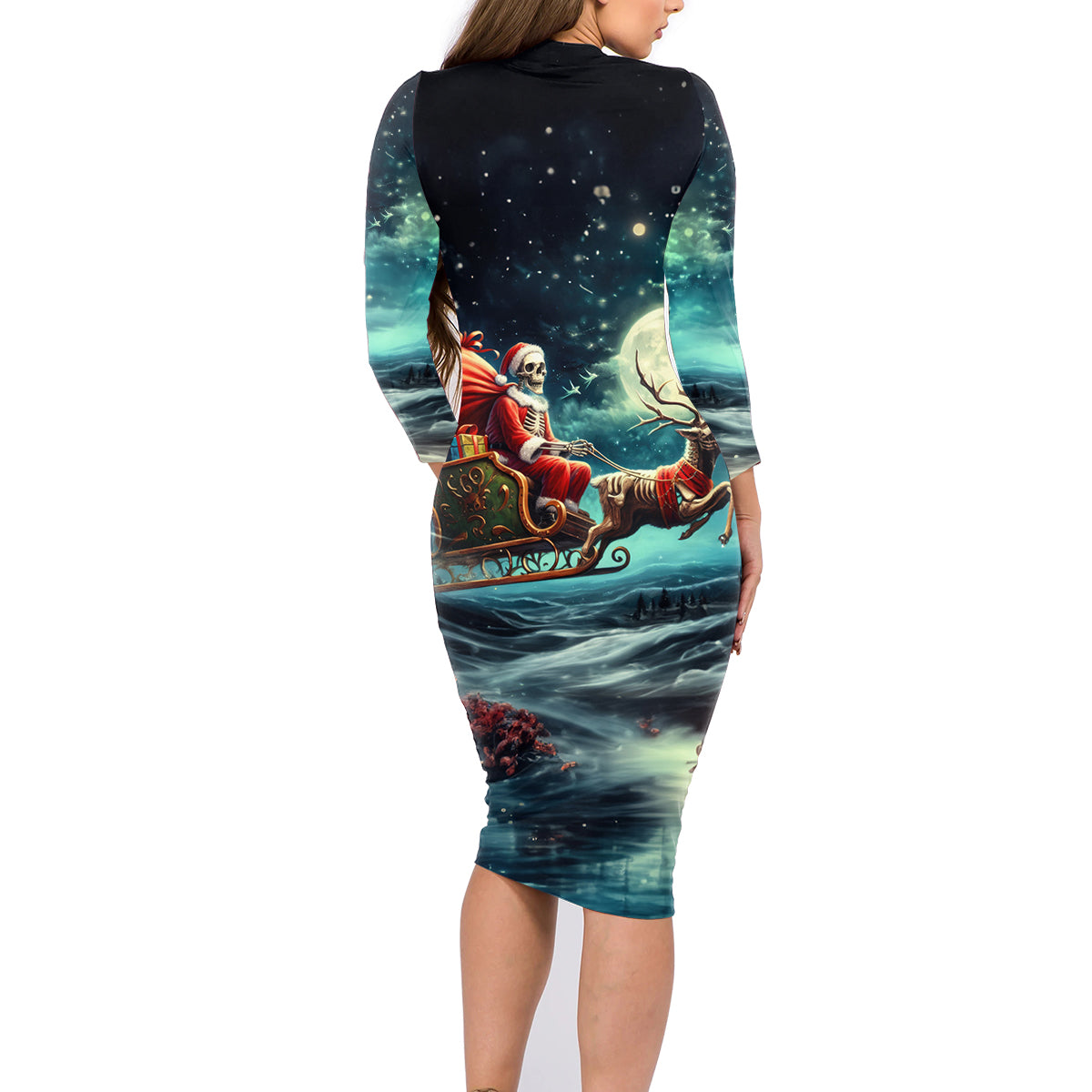 Skeleton Santa Claus Family Matching Long Sleeve Bodycon Dress and Hawaiian Shirt Santa Claus Is Coming To Town - Wonder Print Shop