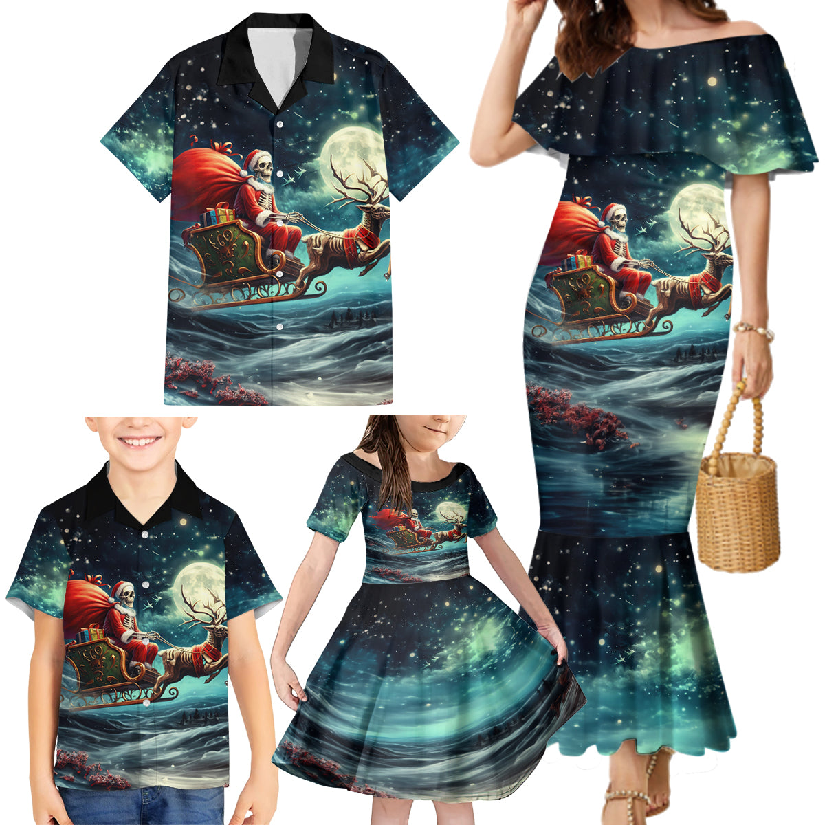 Skeleton Santa Claus Family Matching Mermaid Dress and Hawaiian Shirt Santa Claus Is Coming To Town - Wonder Print Shop