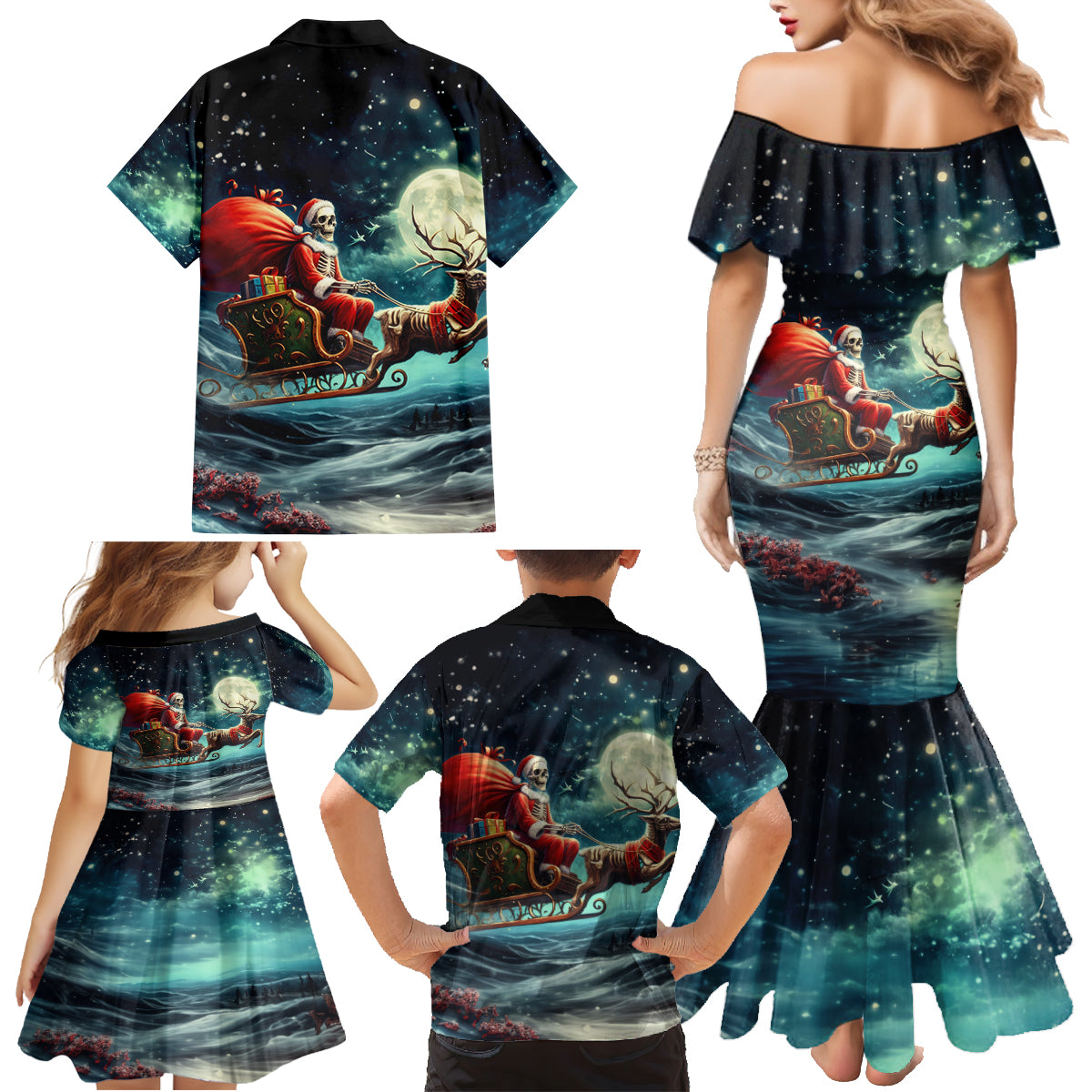 Skeleton Santa Claus Family Matching Mermaid Dress and Hawaiian Shirt Santa Claus Is Coming To Town - Wonder Print Shop