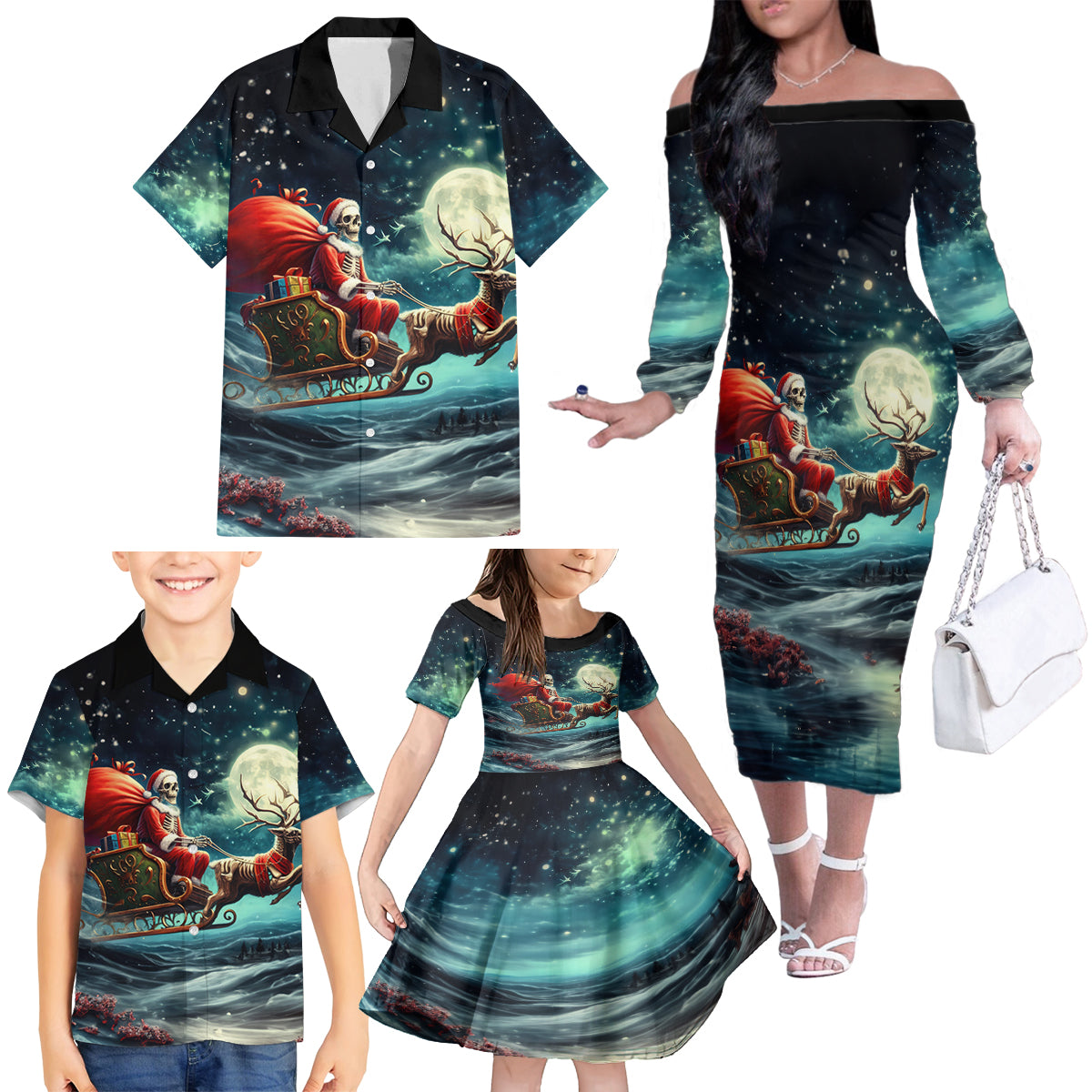 Skeleton Santa Claus Family Matching Off Shoulder Long Sleeve Dress and Hawaiian Shirt Santa Claus Is Coming To Town - Wonder Print Shop