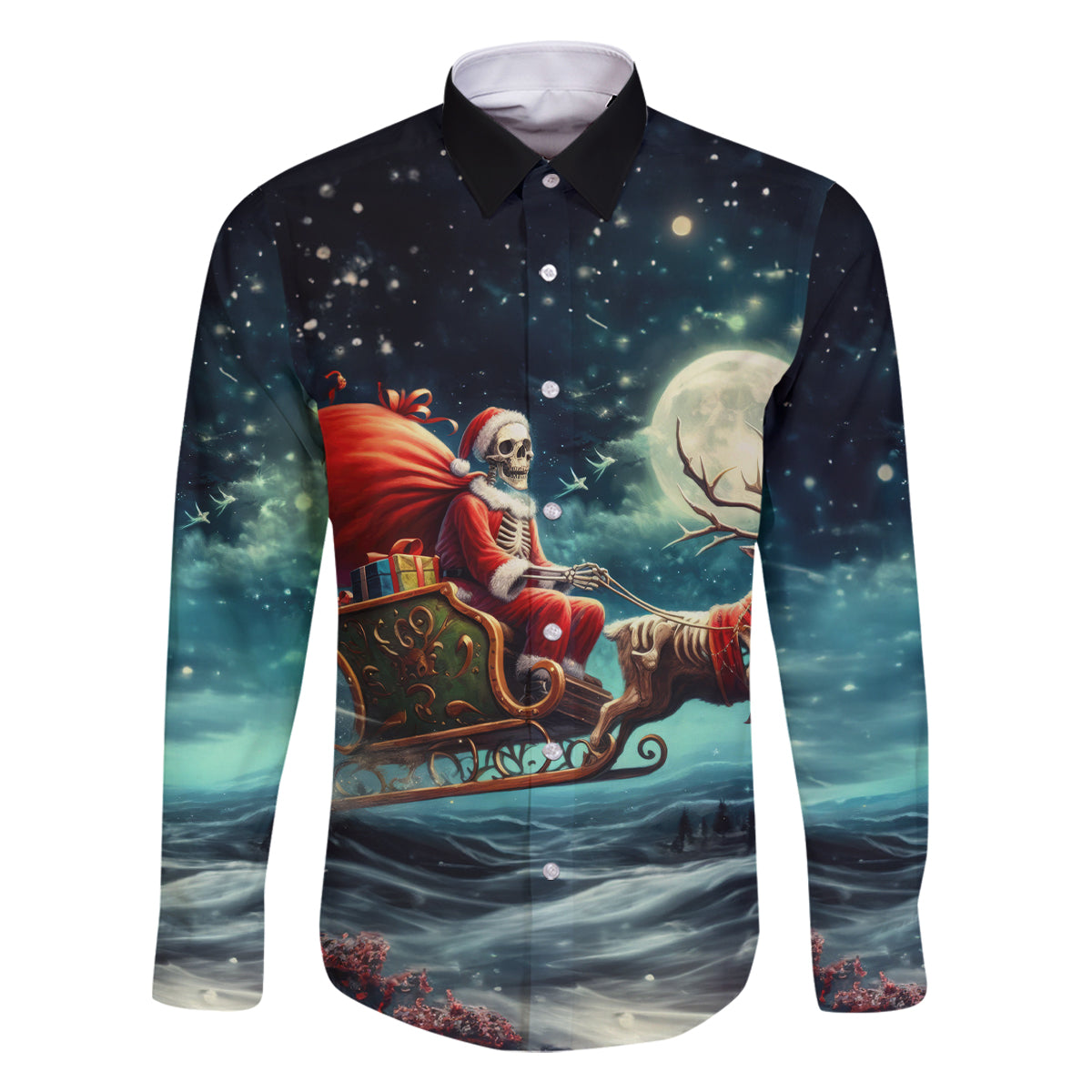 Skeleton Santa Claus Family Matching Off Shoulder Long Sleeve Dress and Hawaiian Shirt Santa Claus Is Coming To Town - Wonder Print Shop