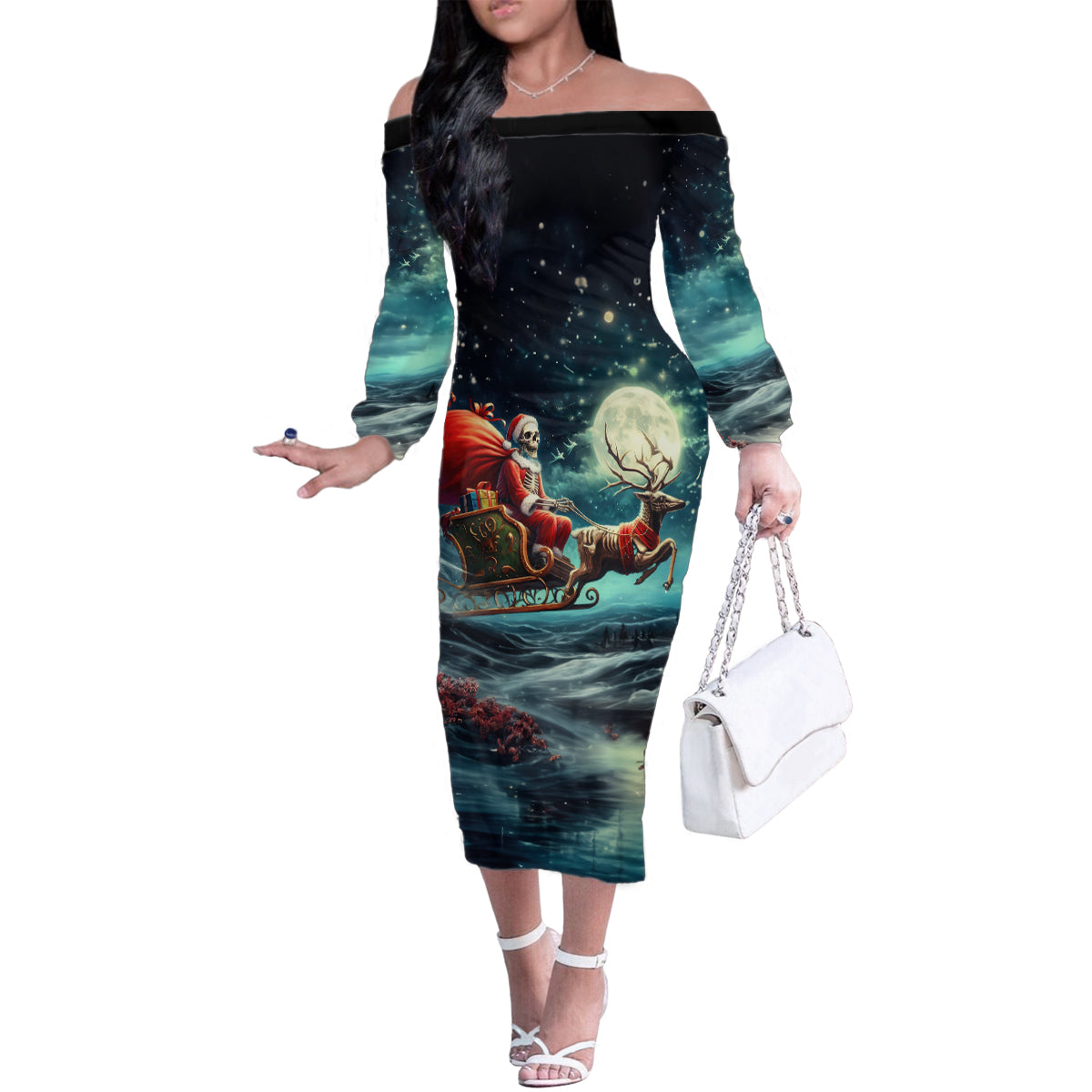 Skeleton Santa Claus Family Matching Off Shoulder Long Sleeve Dress and Hawaiian Shirt Santa Claus Is Coming To Town - Wonder Print Shop