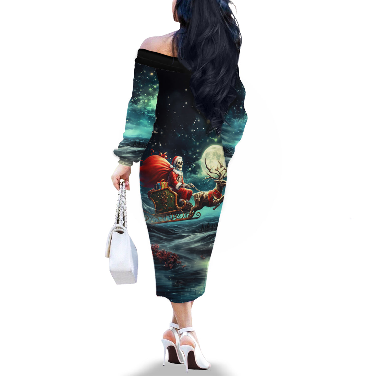 Skeleton Santa Claus Family Matching Off Shoulder Long Sleeve Dress and Hawaiian Shirt Santa Claus Is Coming To Town - Wonder Print Shop