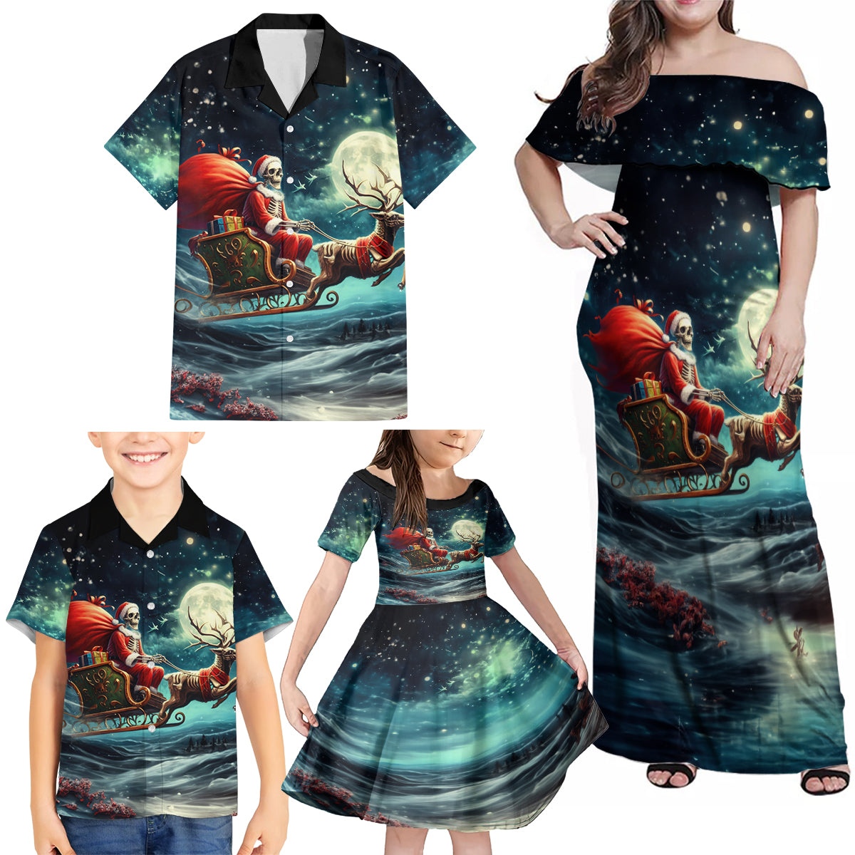 Skeleton Santa Claus Family Matching Off Shoulder Maxi Dress and Hawaiian Shirt Santa Claus Is Coming To Town - Wonder Print Shop