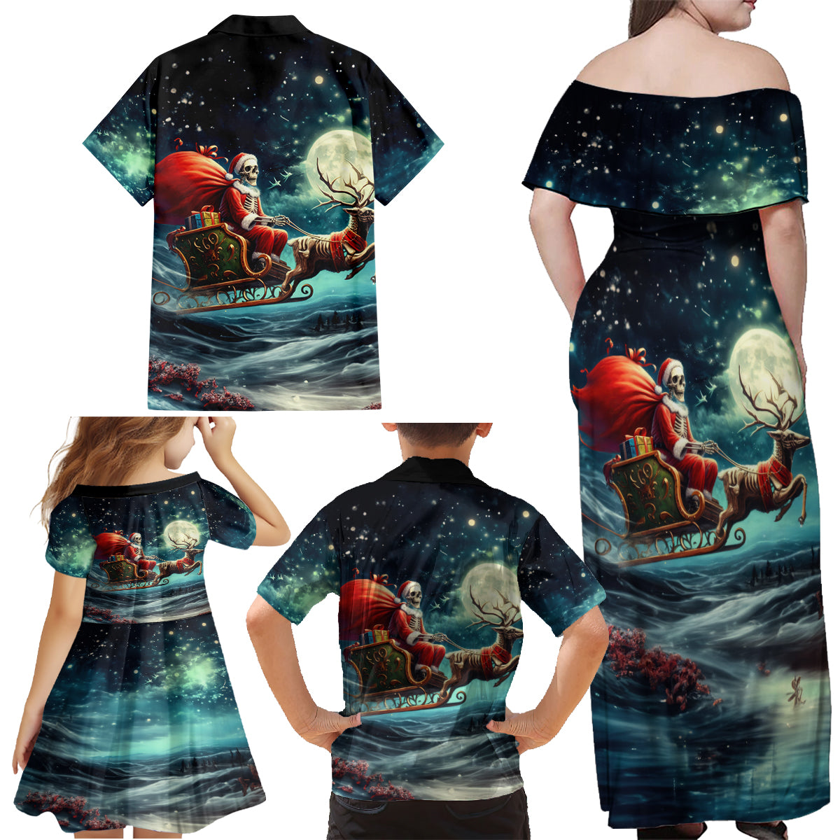 Skeleton Santa Claus Family Matching Off Shoulder Maxi Dress and Hawaiian Shirt Santa Claus Is Coming To Town - Wonder Print Shop