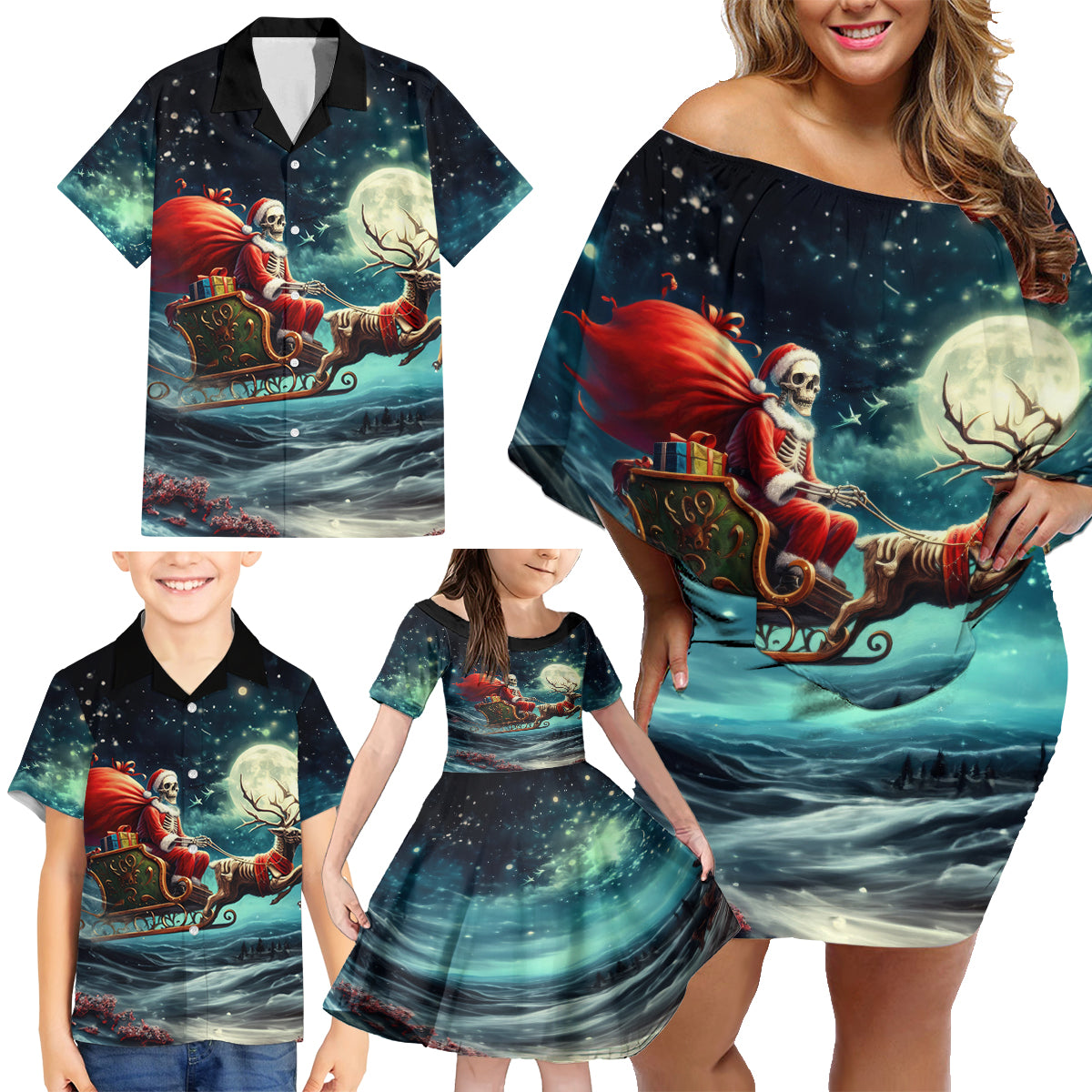 Skeleton Santa Claus Family Matching Off Shoulder Short Dress and Hawaiian Shirt Santa Claus Is Coming To Town - Wonder Print Shop