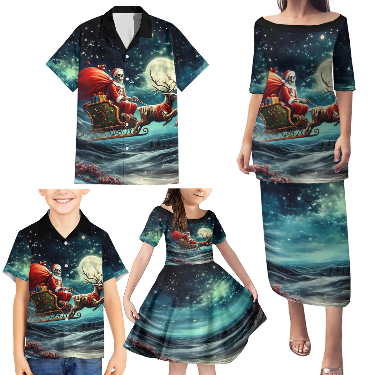 Skeleton Santa Claus Family Matching Puletasi Dress and Hawaiian Shirt Santa Claus Is Coming To Town - Wonder Print Shop