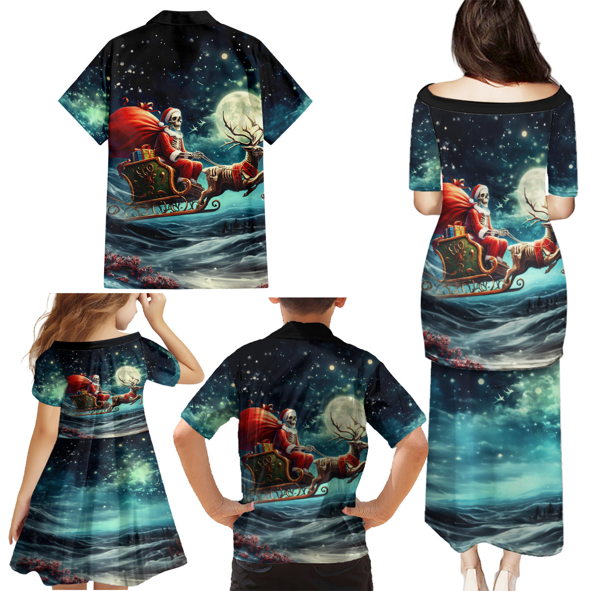 Skeleton Santa Claus Family Matching Puletasi Dress and Hawaiian Shirt Santa Claus Is Coming To Town - Wonder Print Shop