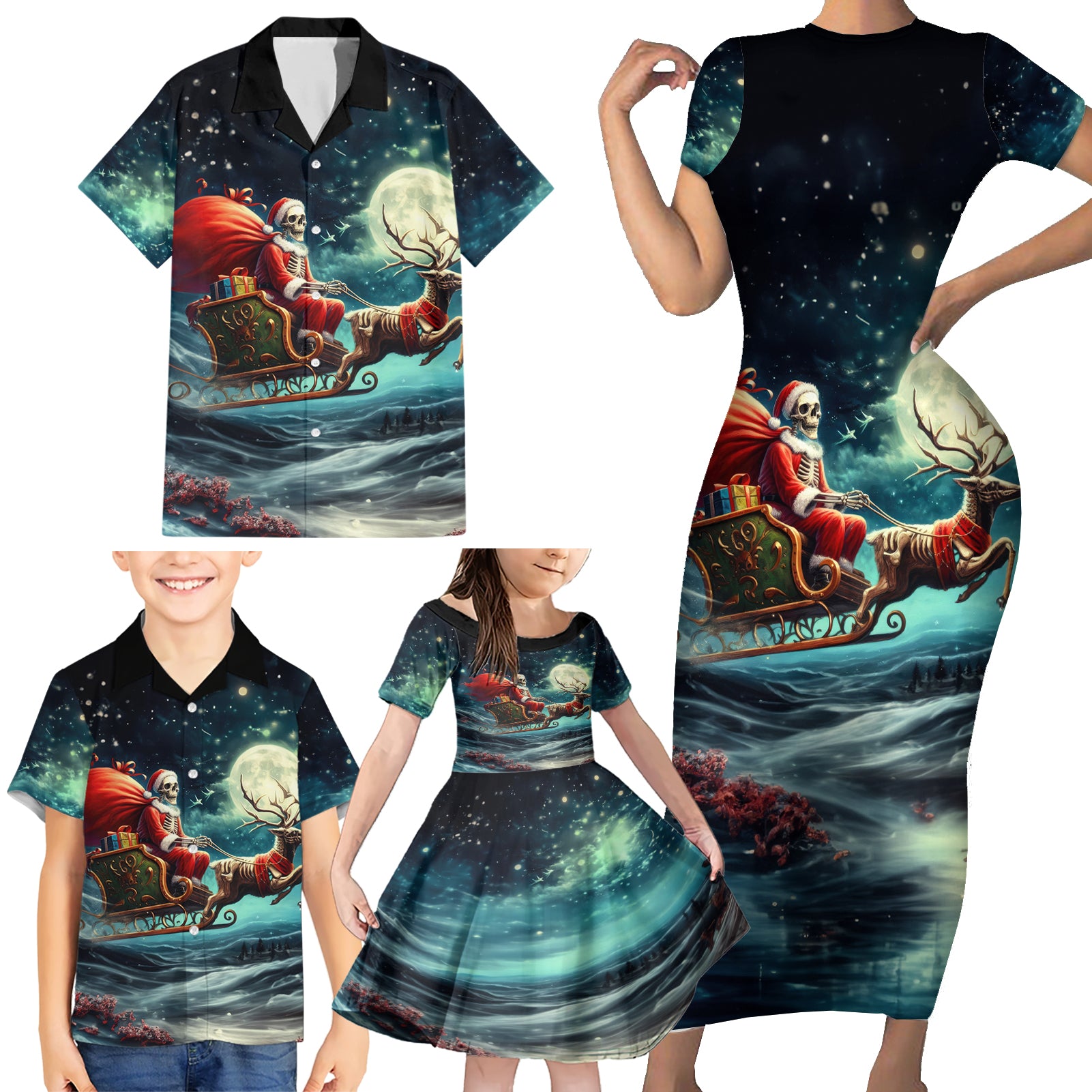 Skeleton Santa Claus Family Matching Short Sleeve Bodycon Dress and Hawaiian Shirt Santa Claus Is Coming To Town - Wonder Print Shop