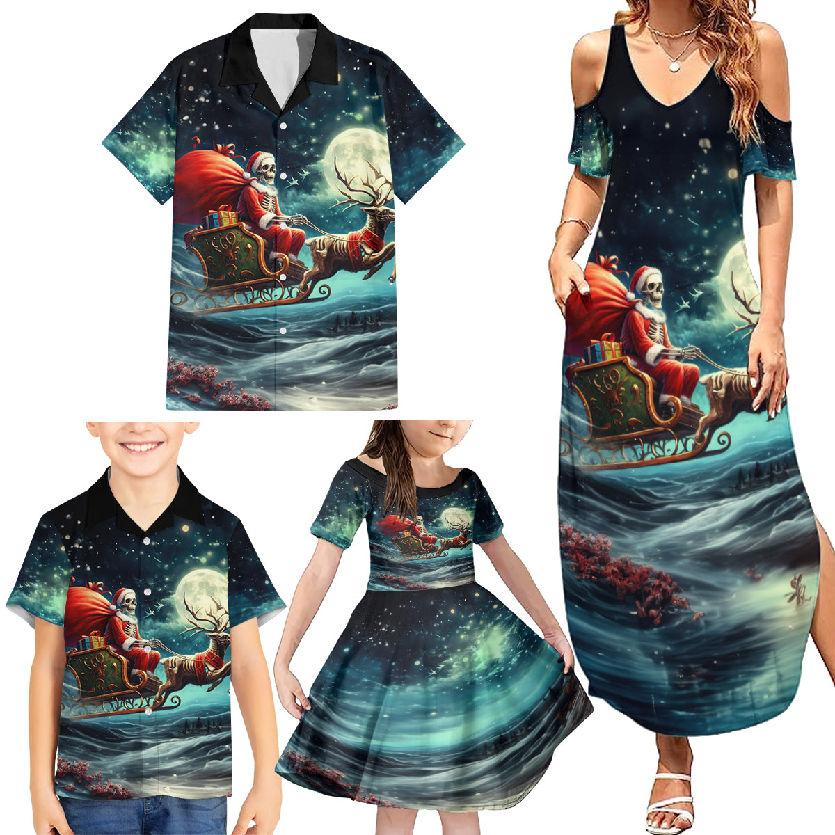 Skeleton Santa Claus Family Matching Summer Maxi Dress and Hawaiian Shirt Santa Claus Is Coming To Town - Wonder Print Shop