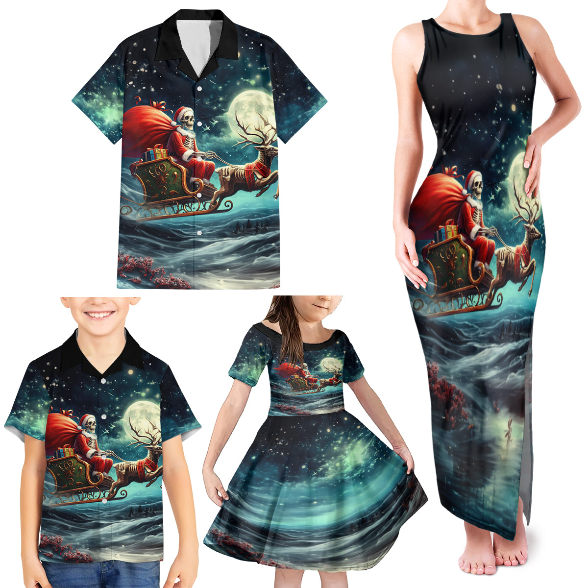 Skeleton Santa Claus Family Matching Tank Maxi Dress and Hawaiian Shirt Santa Claus Is Coming To Town - Wonder Print Shop